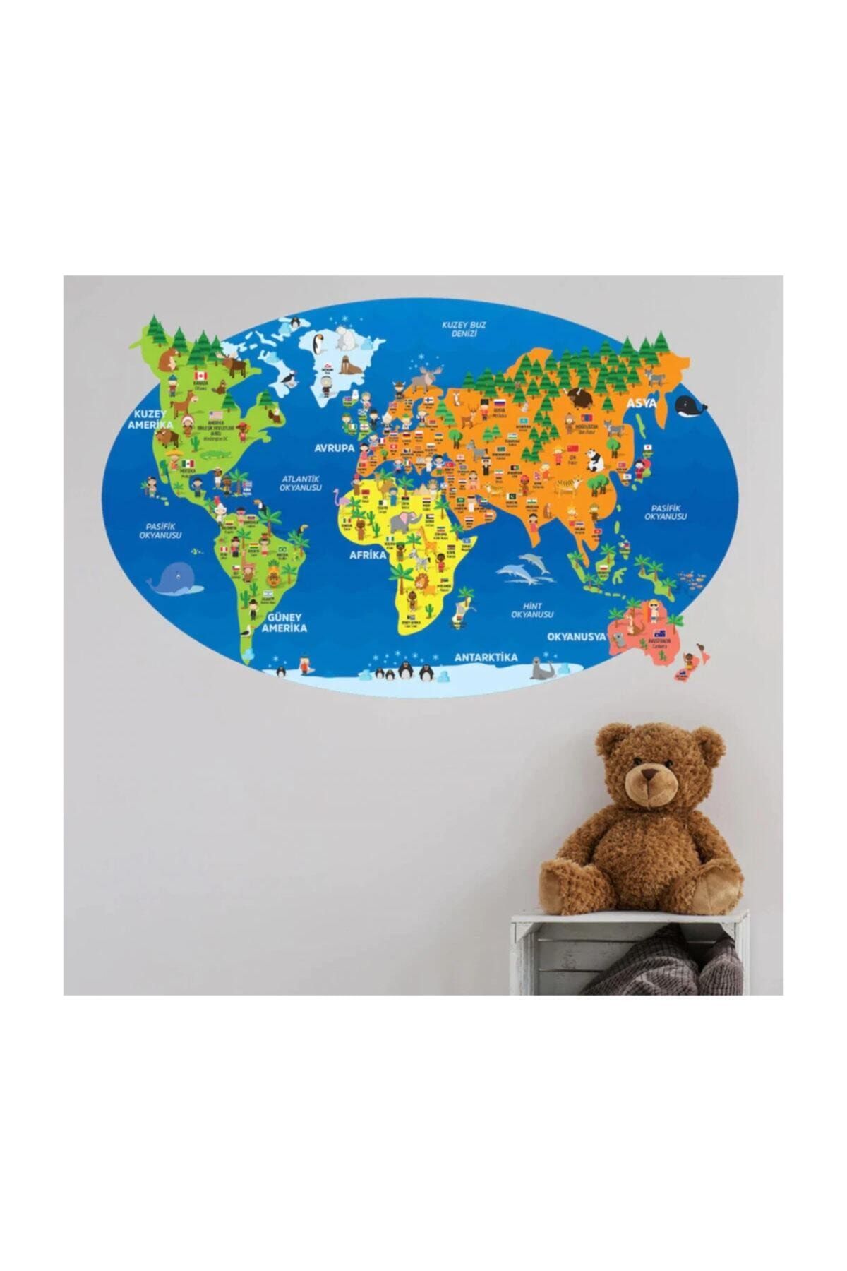 KT Decor Dünya Haritası, Hayvanlar Ve Ülke Bayrakları Eğitici Duvar Sticker