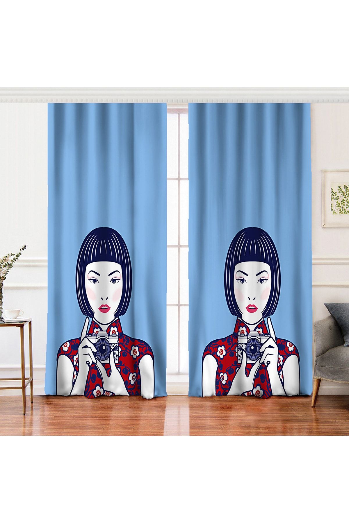 Realhomes Çift Kanat Fotoğraf Çeken Japon Kız Motifli Dijital Baskılı Fon Perde