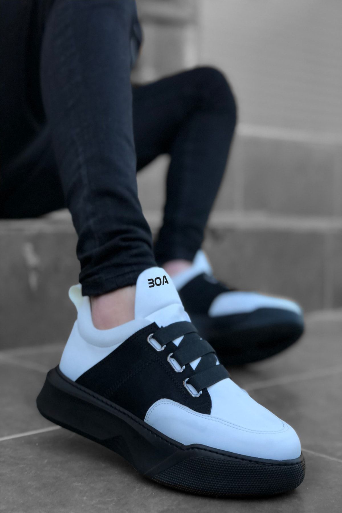 Mida Shoes Erkek Sneaker Bantlı Yüksek Taban Beyaz Siyah