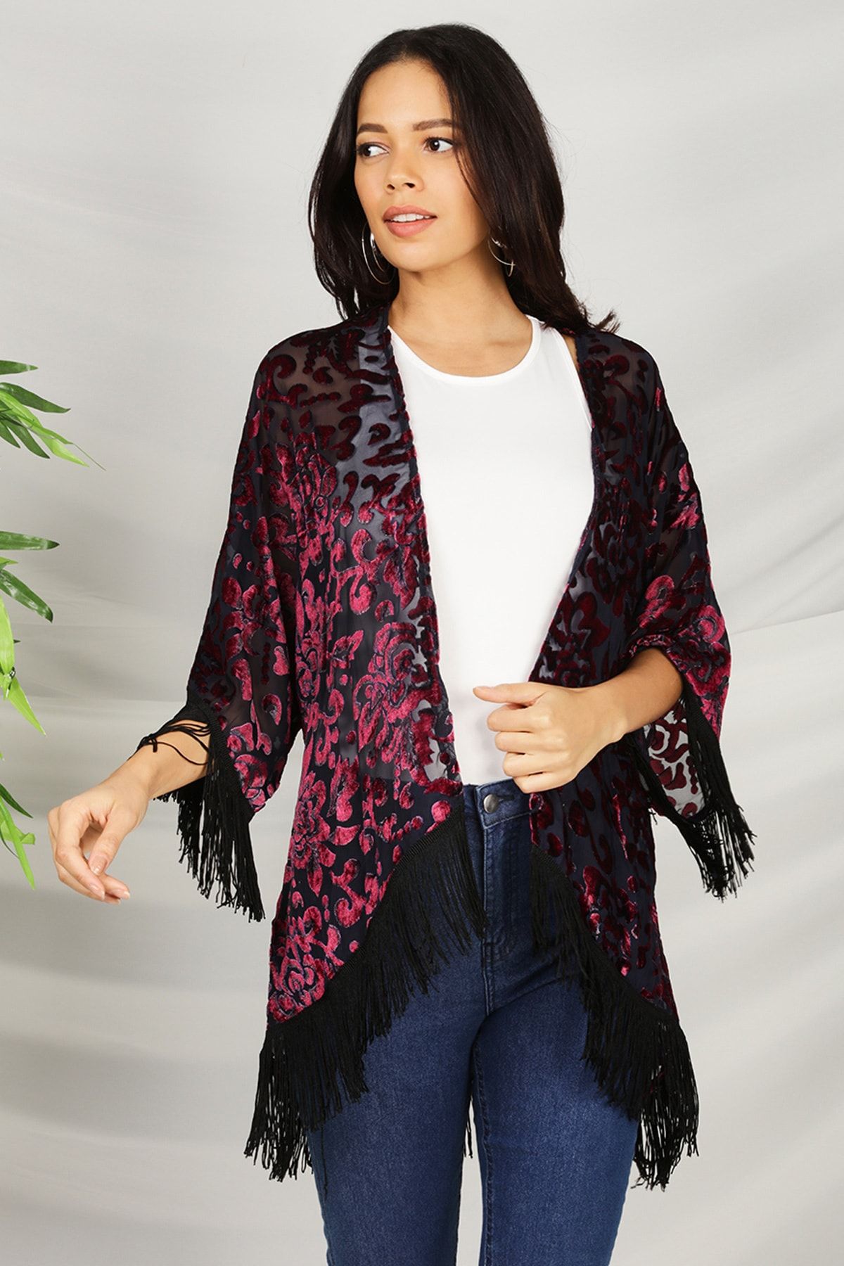 Select Moda Kadın Bordo Püsküllü Kimono