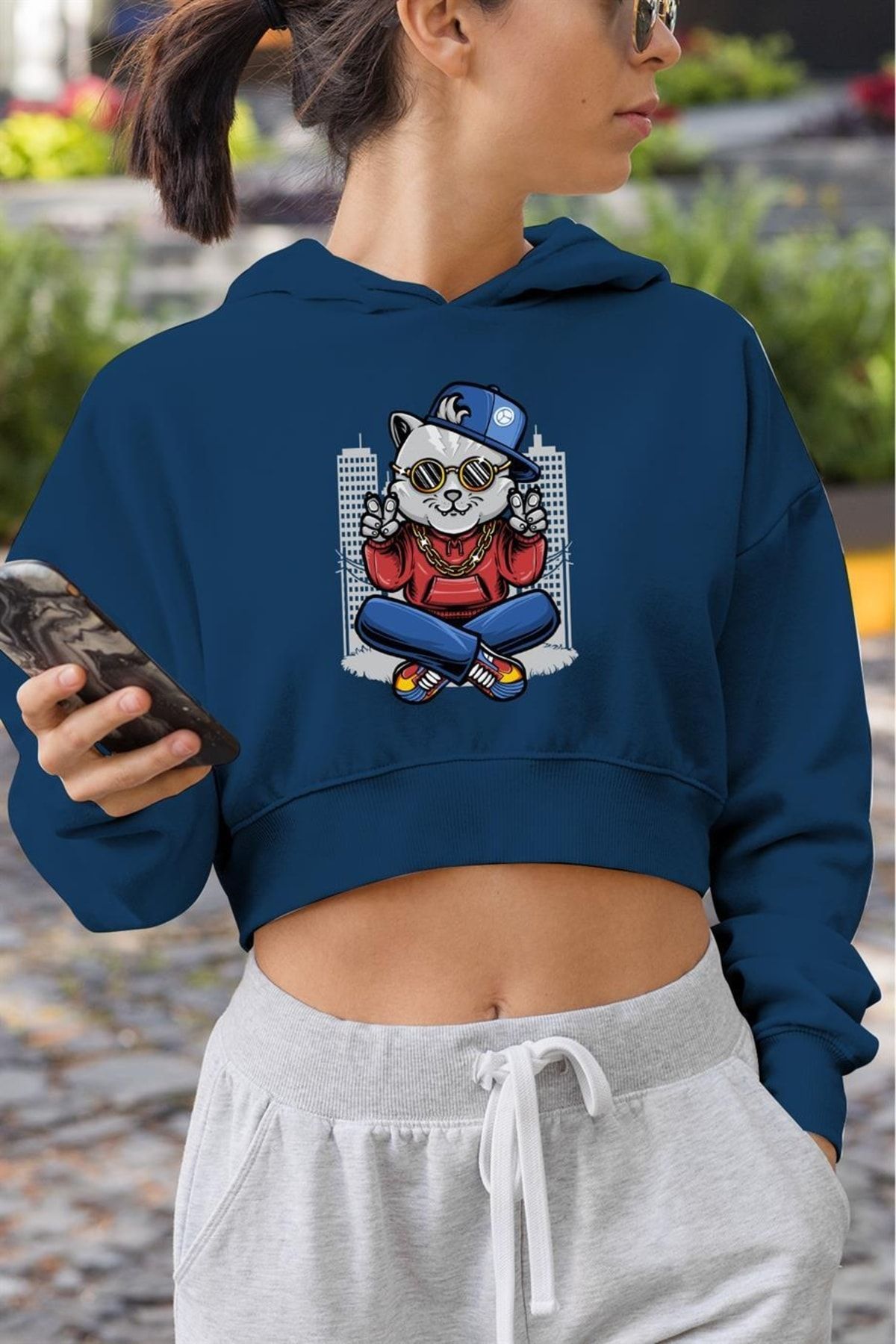 Demal Tekstil Cute Cat Crop Hoodie Kapüşonlu Sweatshirt Lacivert