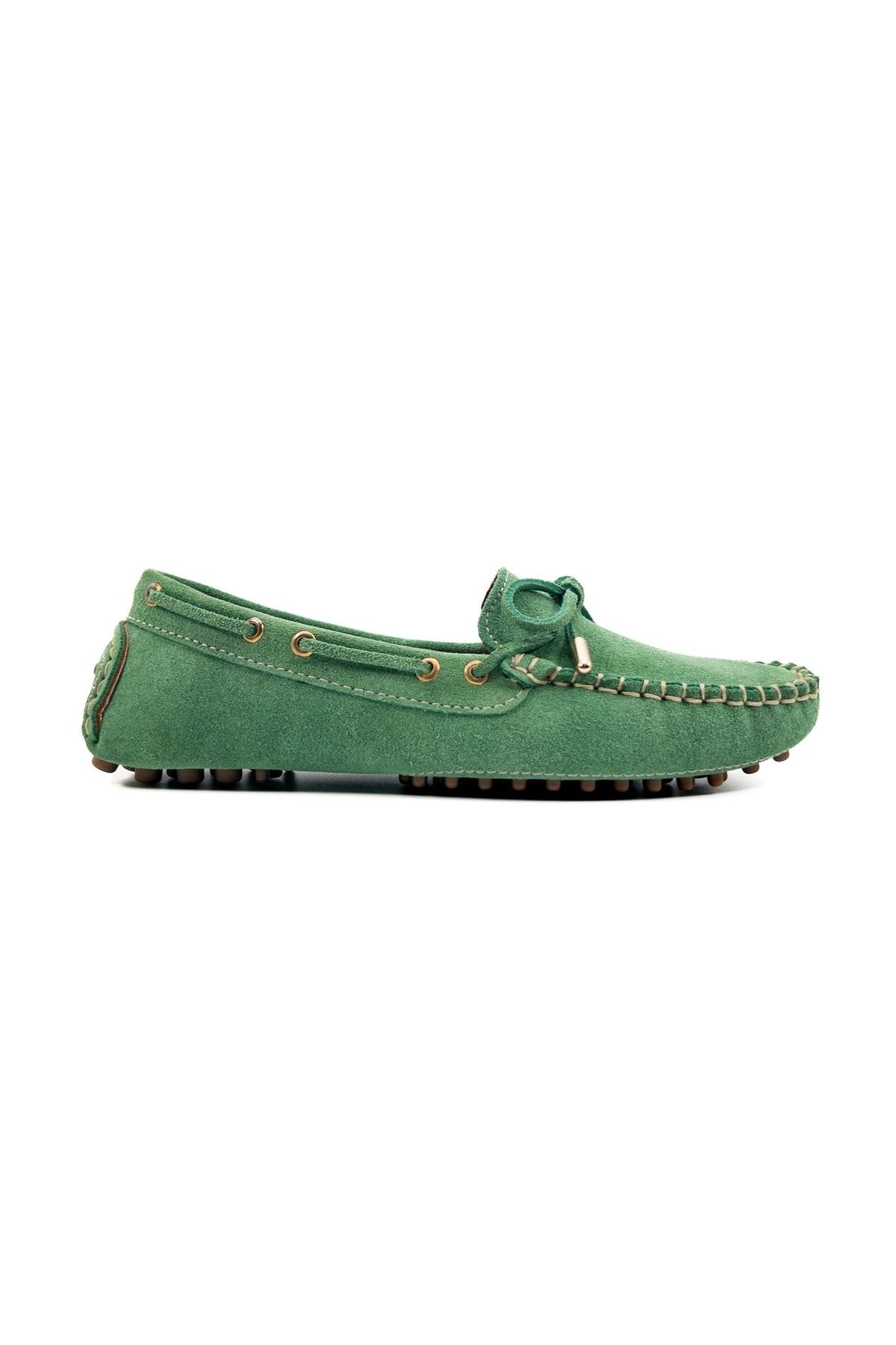 tezcan Patara Açık Yeşil Süet Desenli Hakiki Deri Krampon Taban Loafer Kadın Ayakkabı