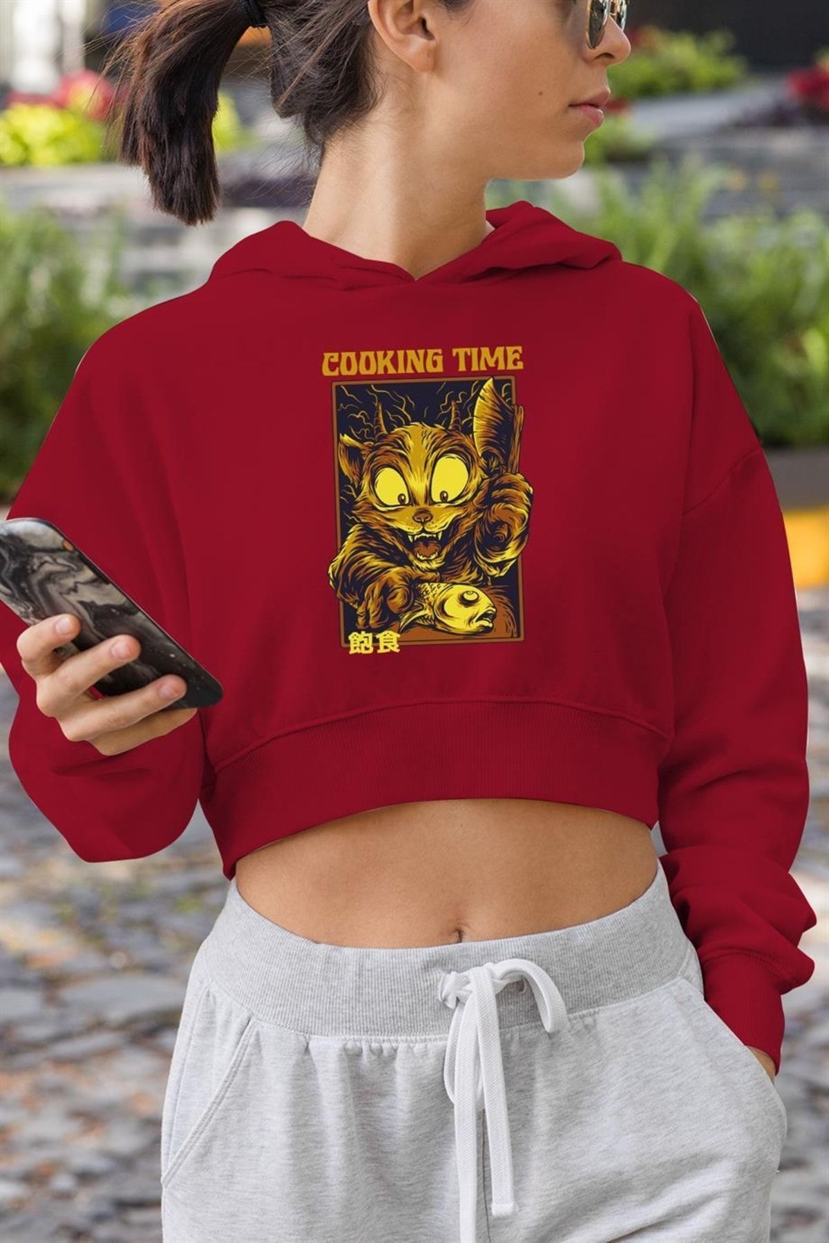 Demal Tekstil Cooking Time Crop Hoodie Kapüşonlu Sweatshirt Kırmızı