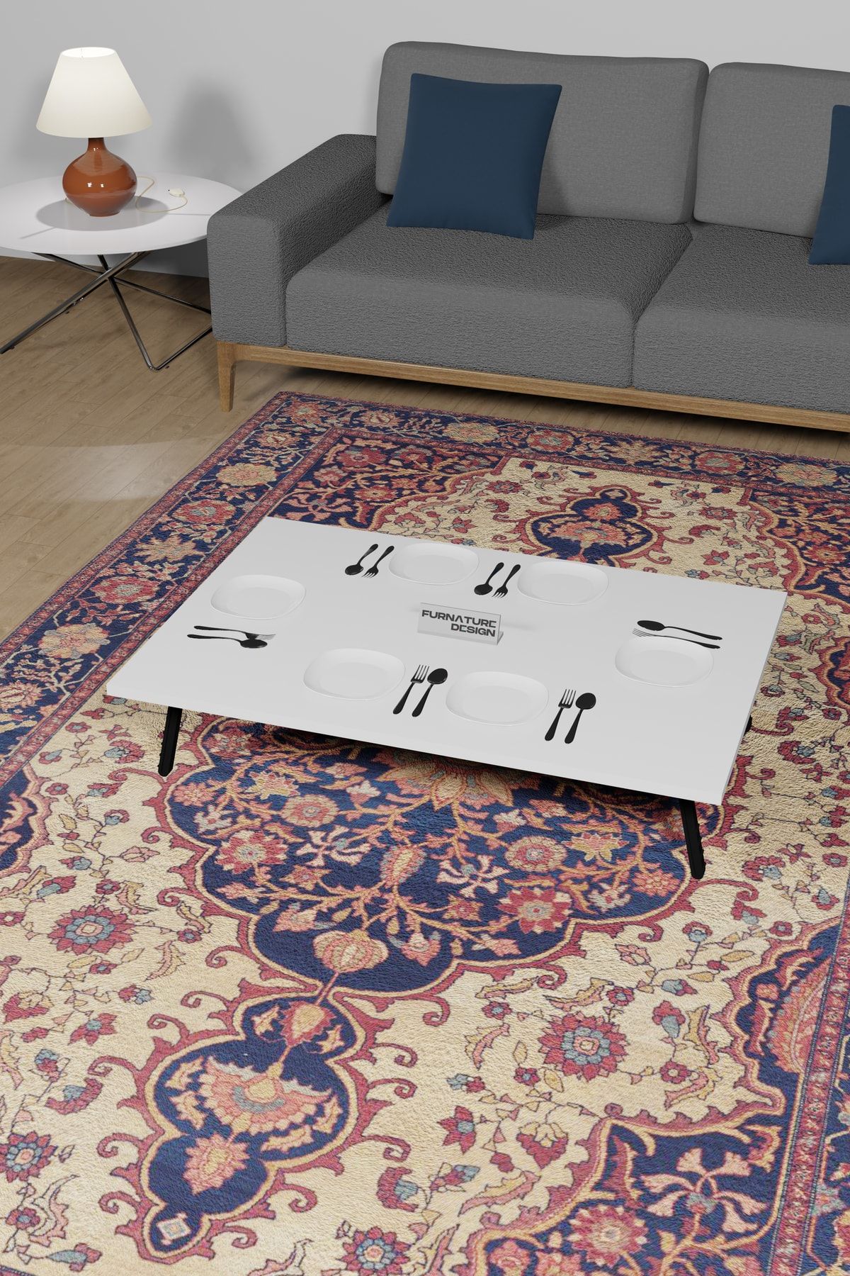FurnatureDesign 60x90 Cm Yer Sofrası Katlanır Ayaklı Portatif Yemek Hamur Açma Masası Beyaz