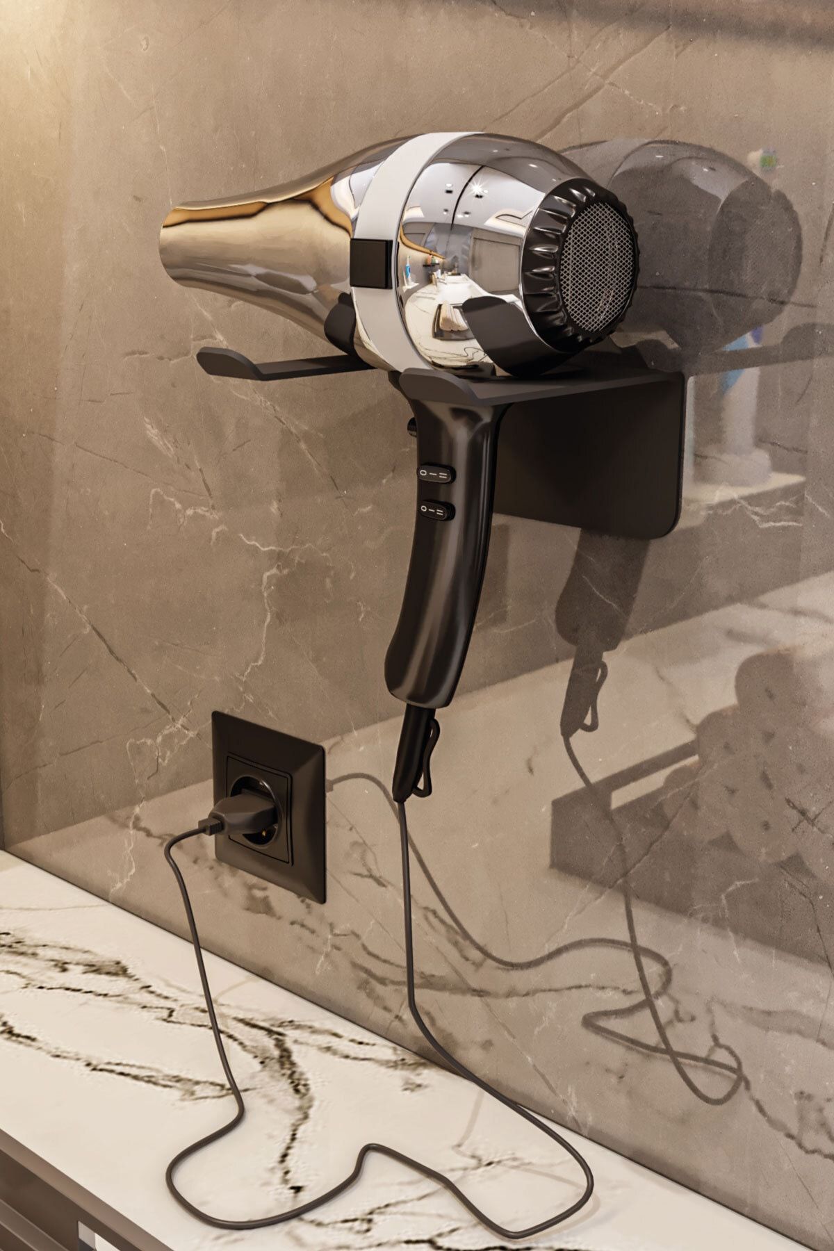 Lamizon Saç Kurutma Makinesi Tutacağı, Black Fön Makinesi Banyo Rafı Askısı