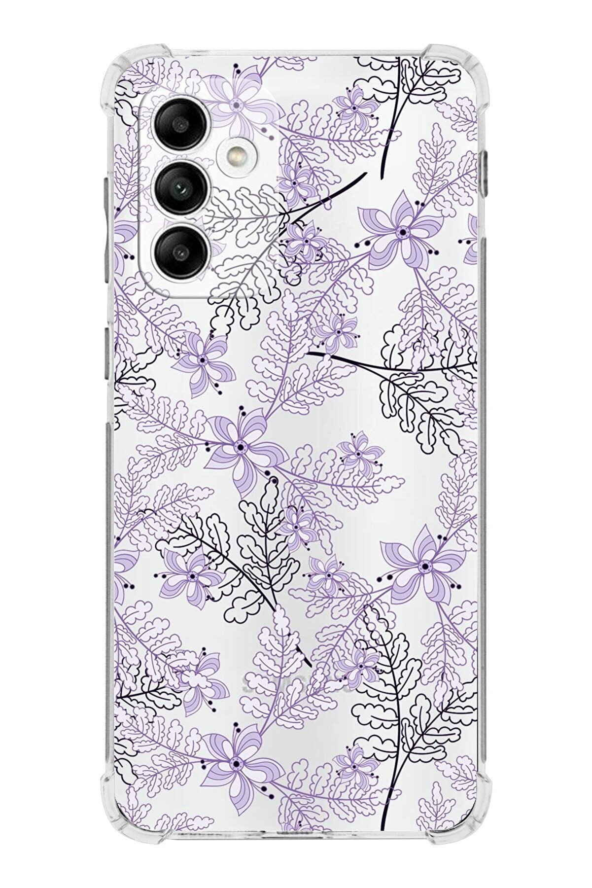 PrintiFy Samsung Galaxy M23 Köşe Korumalı Antişok Kapak Floral Lila Tasarımlı Şeffaf Kılıf