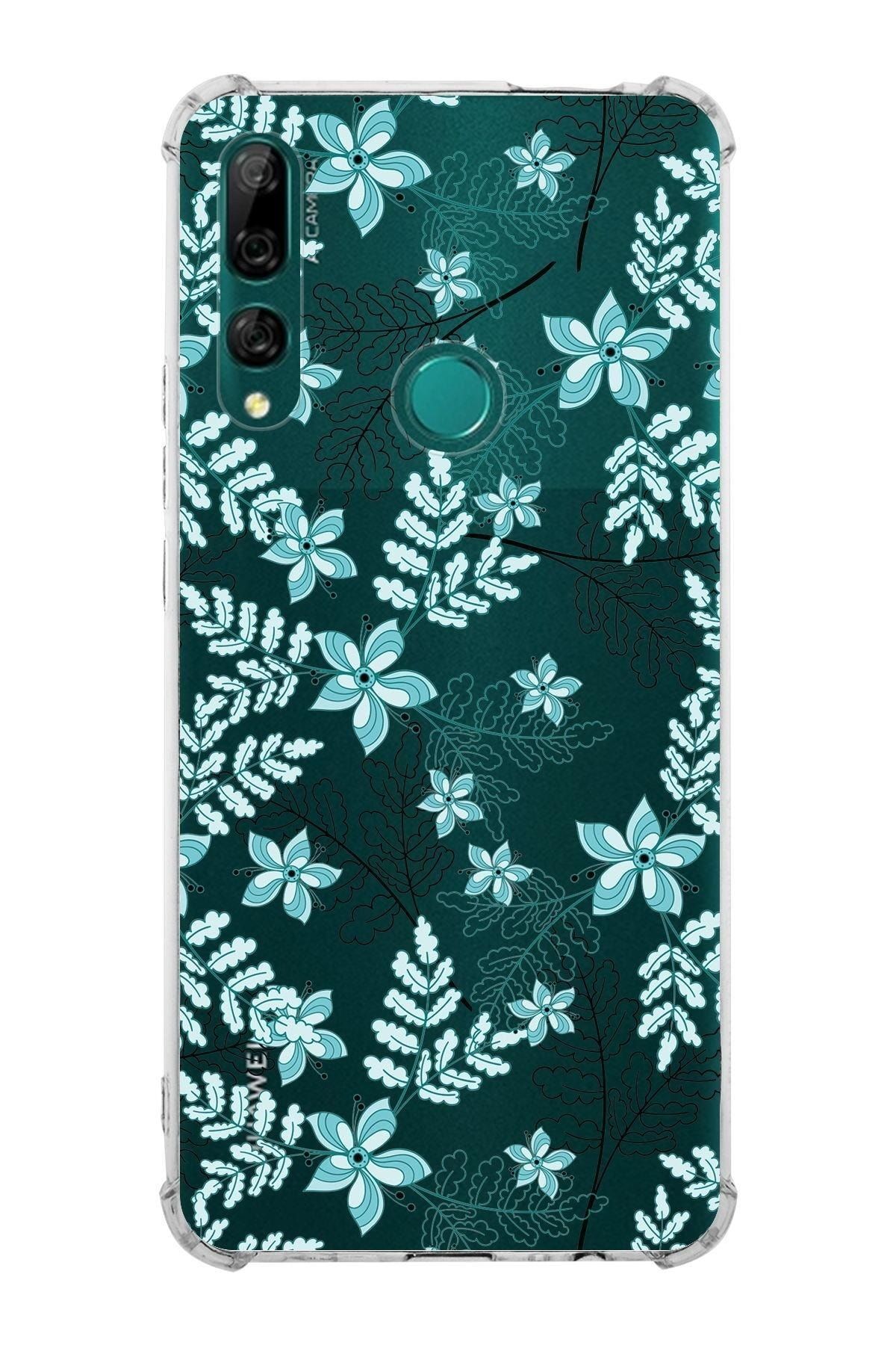 PrintiFy Huawei Y9 Prime 2019 Köşe Korumalı Antişok Kapak Floral Su Yeşili Tasarımlı Şeffaf Kılıf