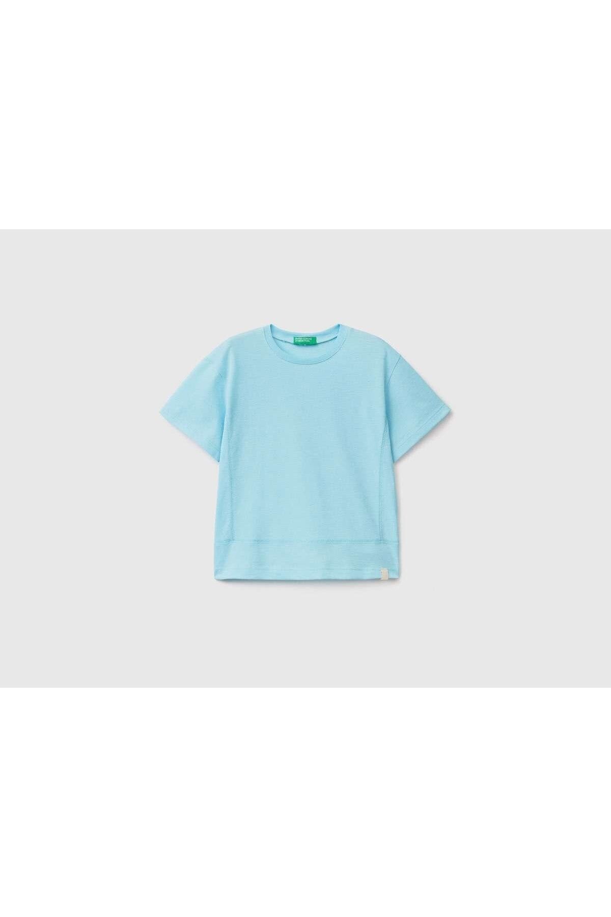 United Colors of Benetton Erkek Çocuk Turkuaz Dikiş Detaylı Etiket Logolu T-shirt