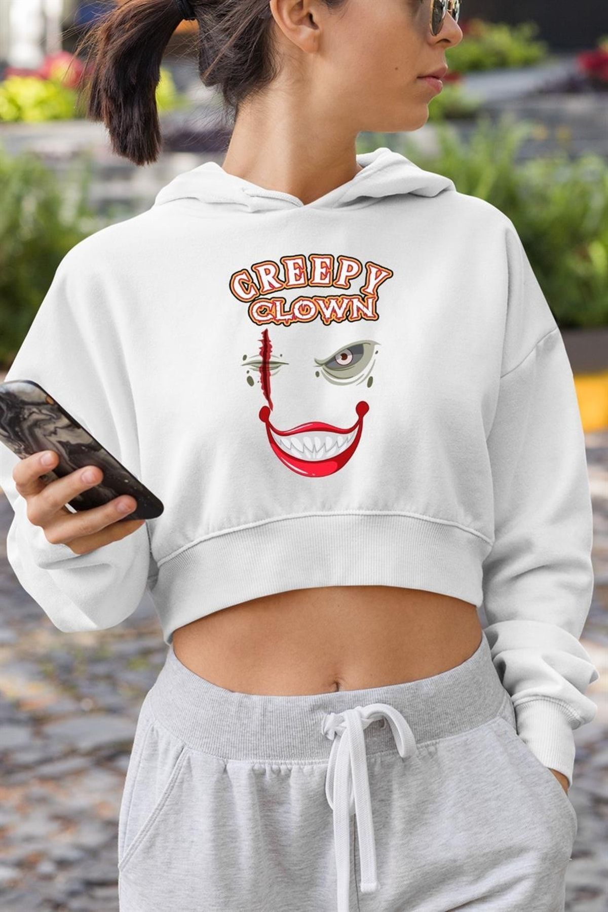 Demal Tekstil Creepy Clown Crop Hoodie Kapüşonlu Sweatshirt Beyaz