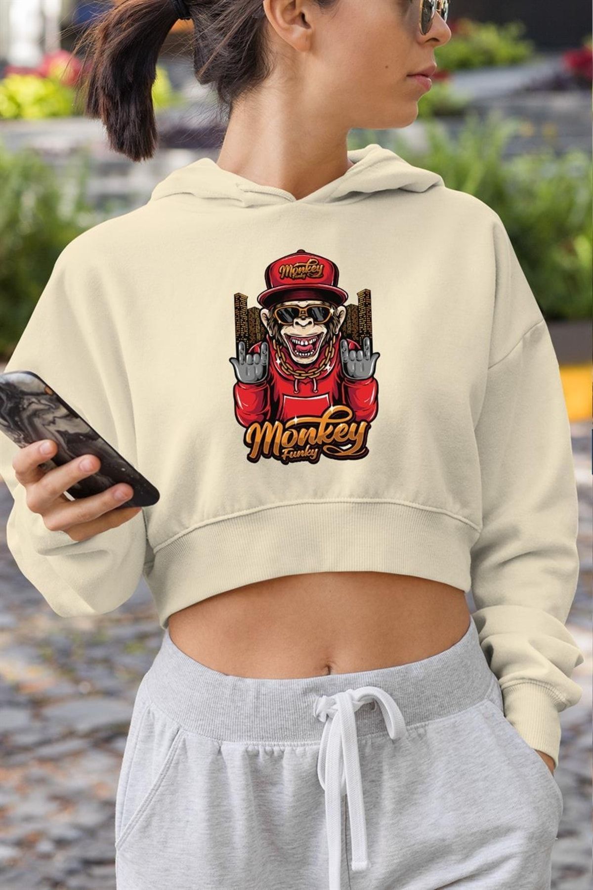 Demal Tekstil Monkey Funky Crop Hoodie Kapüşonlu Sweatshirt Krem