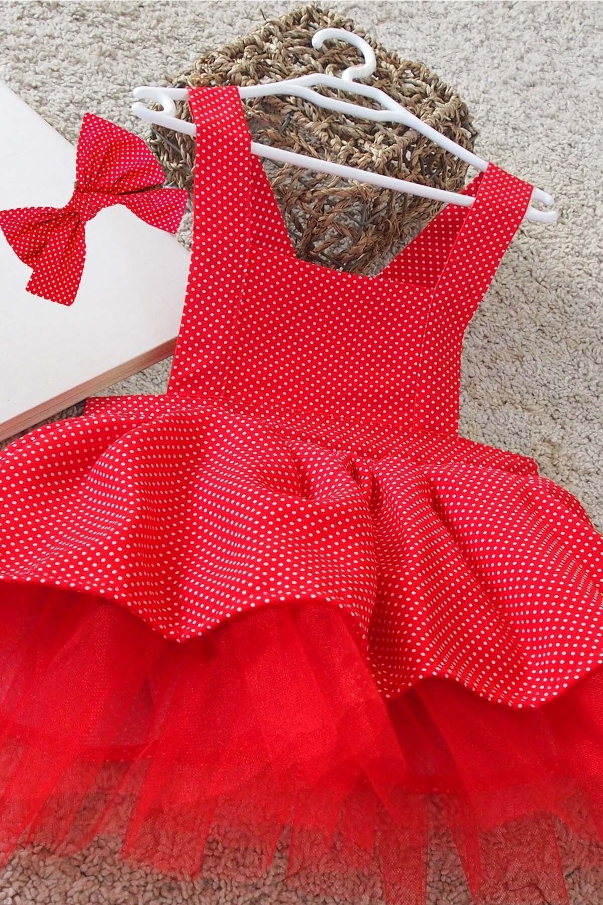 Shecco Babba Kırmızı Puantiyeli Kız Çocuk Tütü Elbise Bandana Takım 1-10 Yaş Doğum Günü Elbisesi