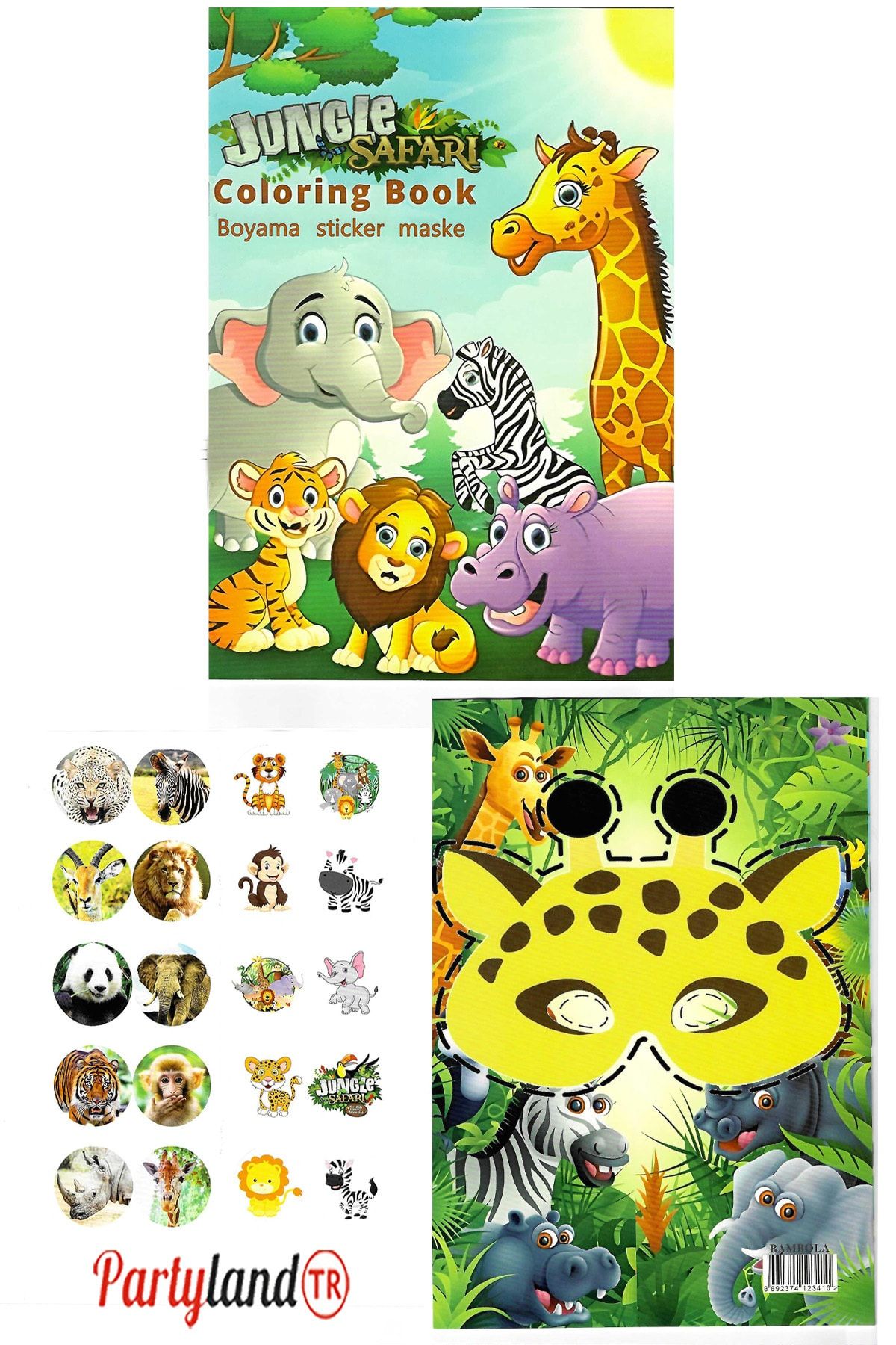 PartylandTR Safari Sevimli Hayvanlar Boyama Kitabı 3'lü (BOYAMA , STİCKER , ARKA KAPAK MASKE)