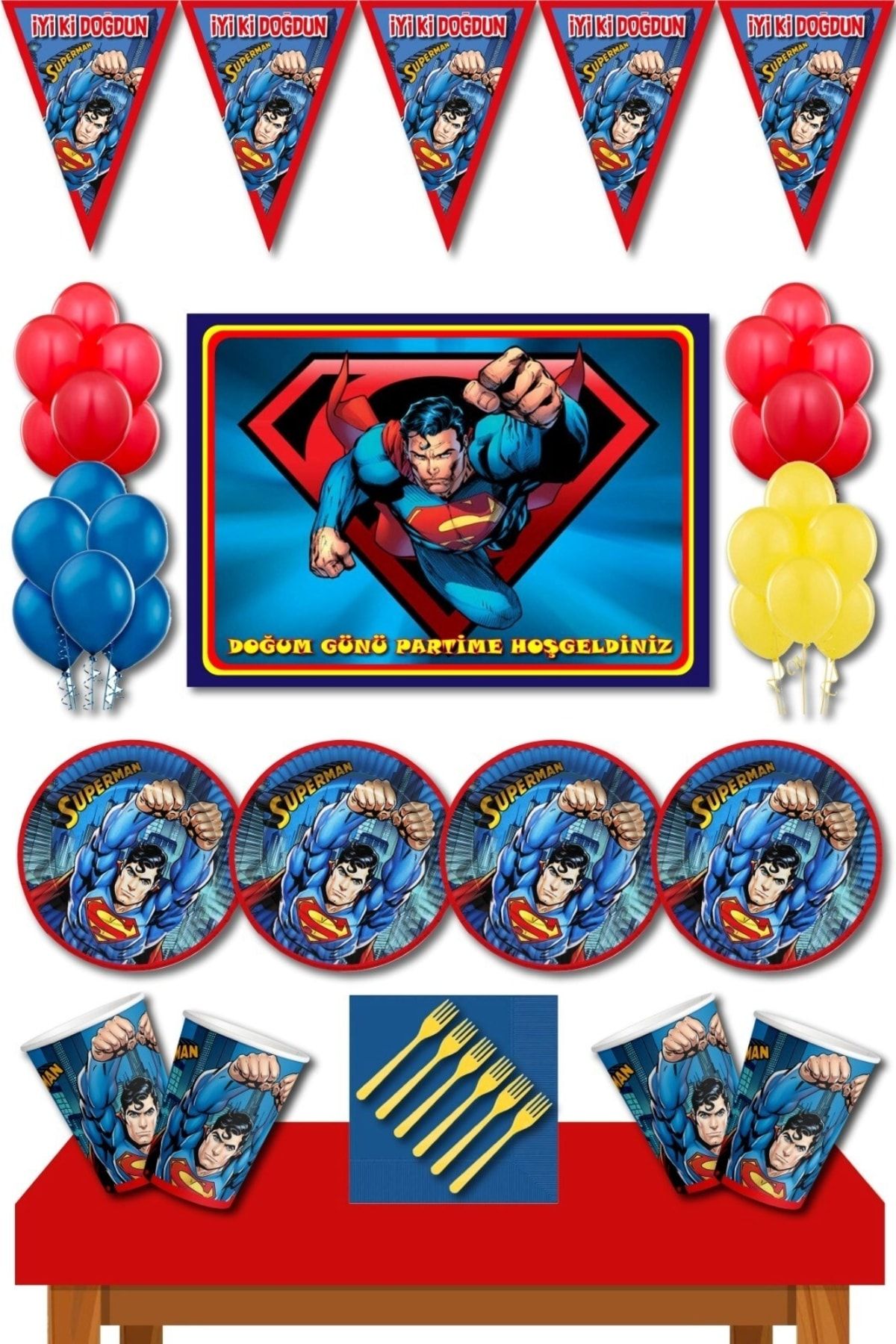 Superman Süpermen Doğum Günü Süsleri 8 kişilik Mega Büyük Boy Afişli 70x100 Cm Süpermen Doğum Günü Konsepti
