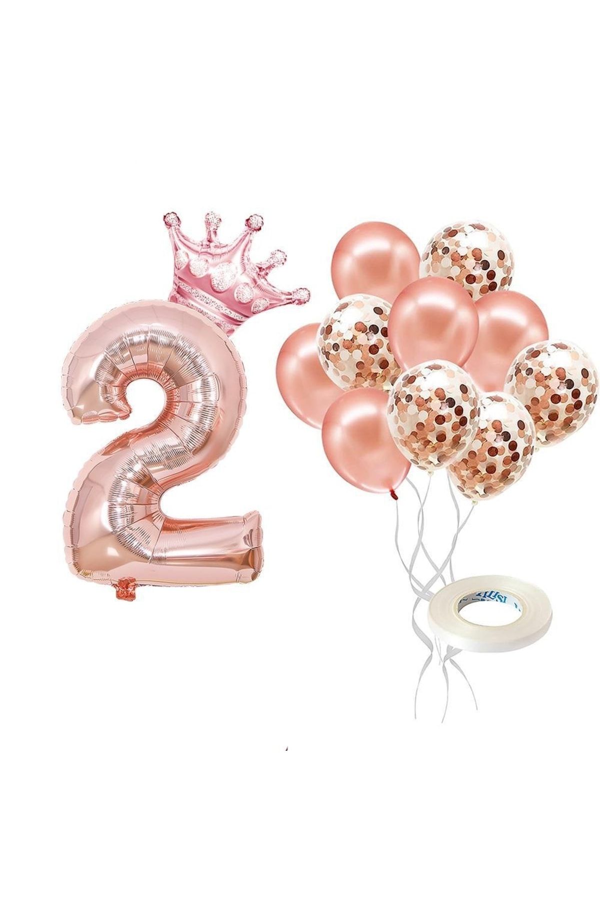 Patladı Gitti 2 Rakam Rose Gold Folyo Balon, Kral Tacı Ve Konfetili Rose Gold Balon