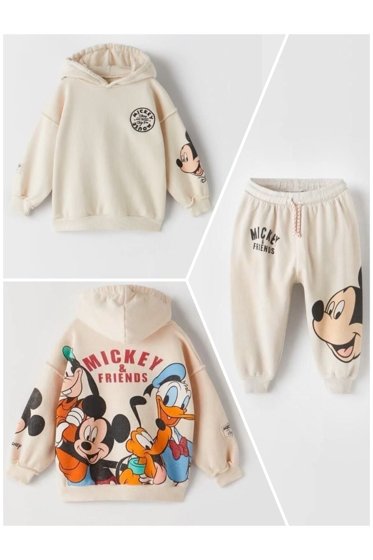 DİSNEY Mesanicebaby Sütlü Kahve Mickey Mouse Kapüşonlu Bebek Ve Çocuk Giyim Takım Bej Takım