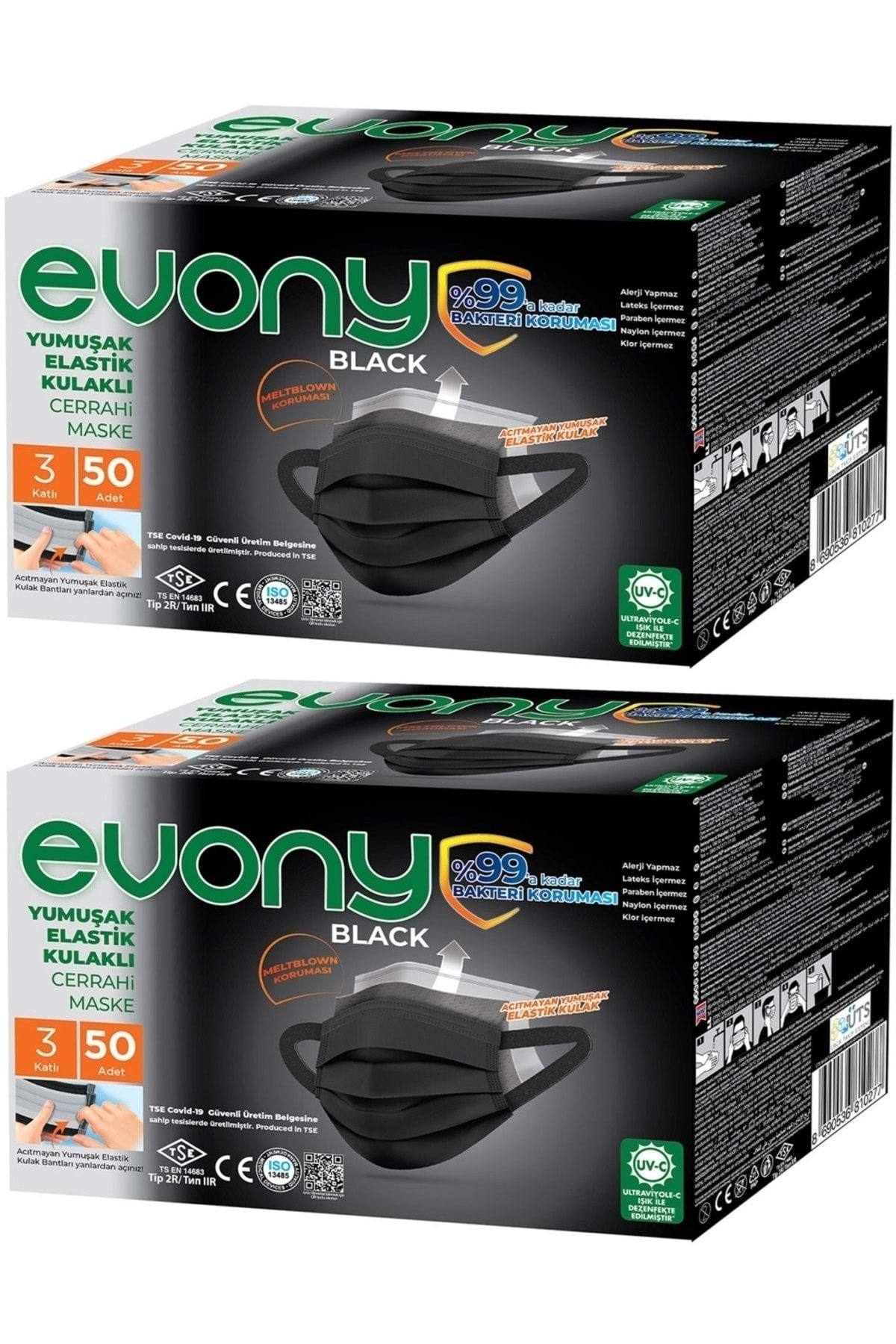 Evony 3 Katlı Filtreli Burun Telli Cerrahi Maske 100 Lü Set Siyah/black (yumuşak Elastik Kulaklı)