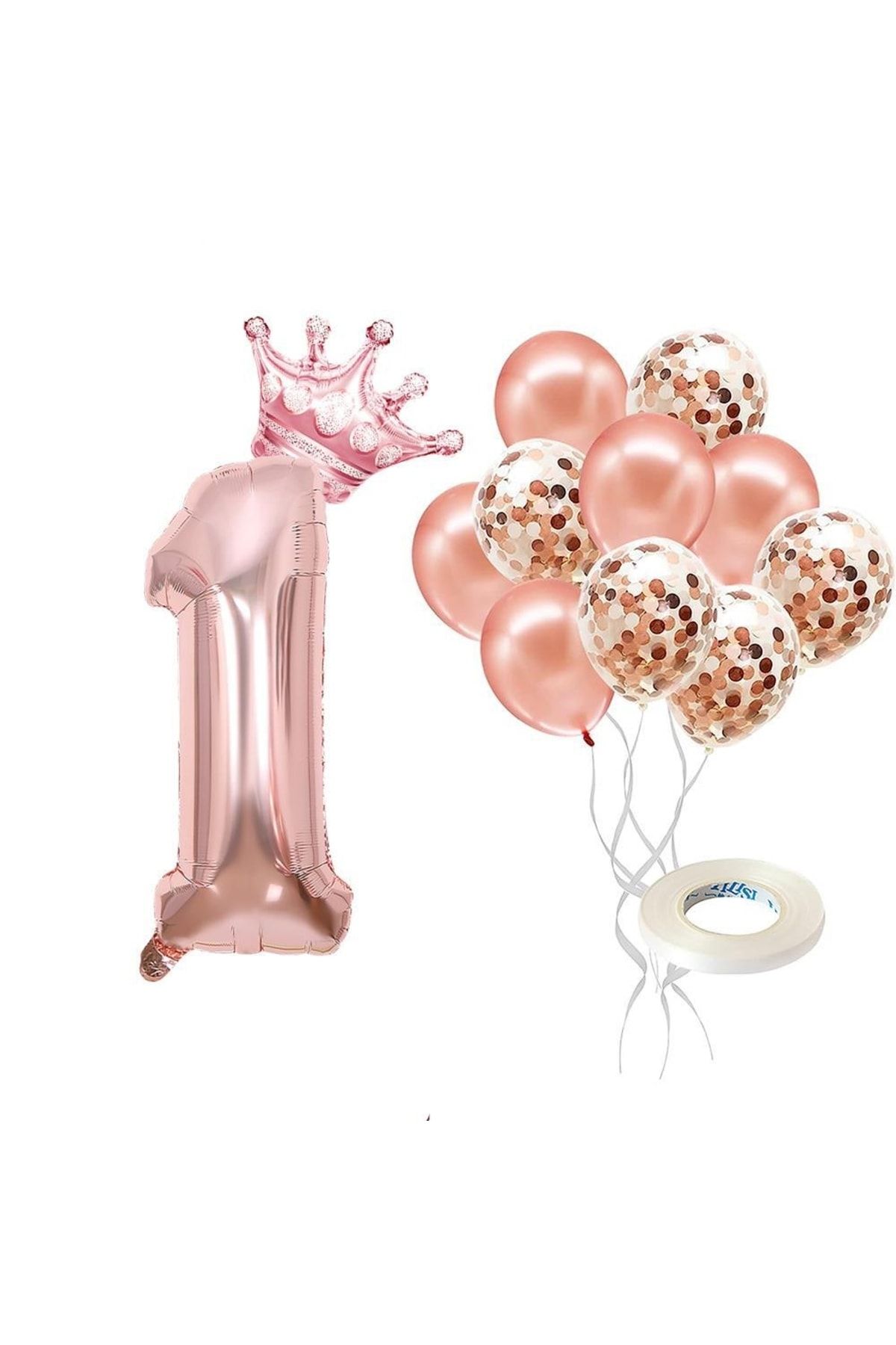 Patladı Gitti 1 Rakam Rose Gold Folyo Balon, Kral Tacı Ve Konfetili Rose Gold Balon