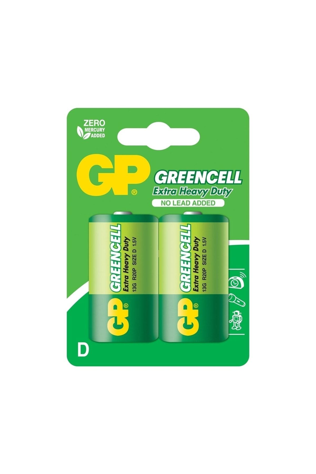 GP Batteries 13g Greencell R20p/1250/d Boy Kalın Pil, 1.5 Volt, 2\'li Kart