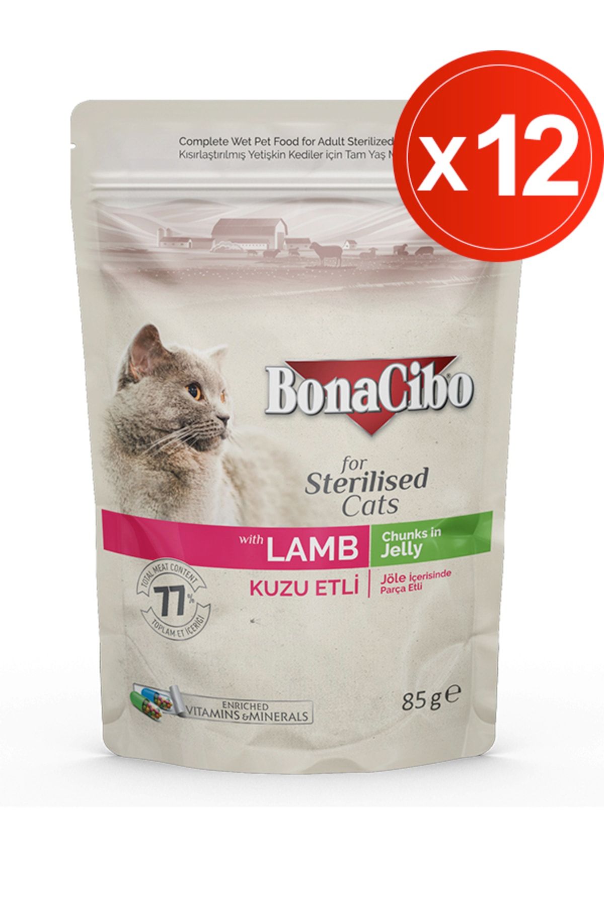 BonaCibo Jöleli Kuzu Etli Pouch Kısırlaştırılmış Yetişkin Kedi Yaş Maması 85 Gr X 12 Adet