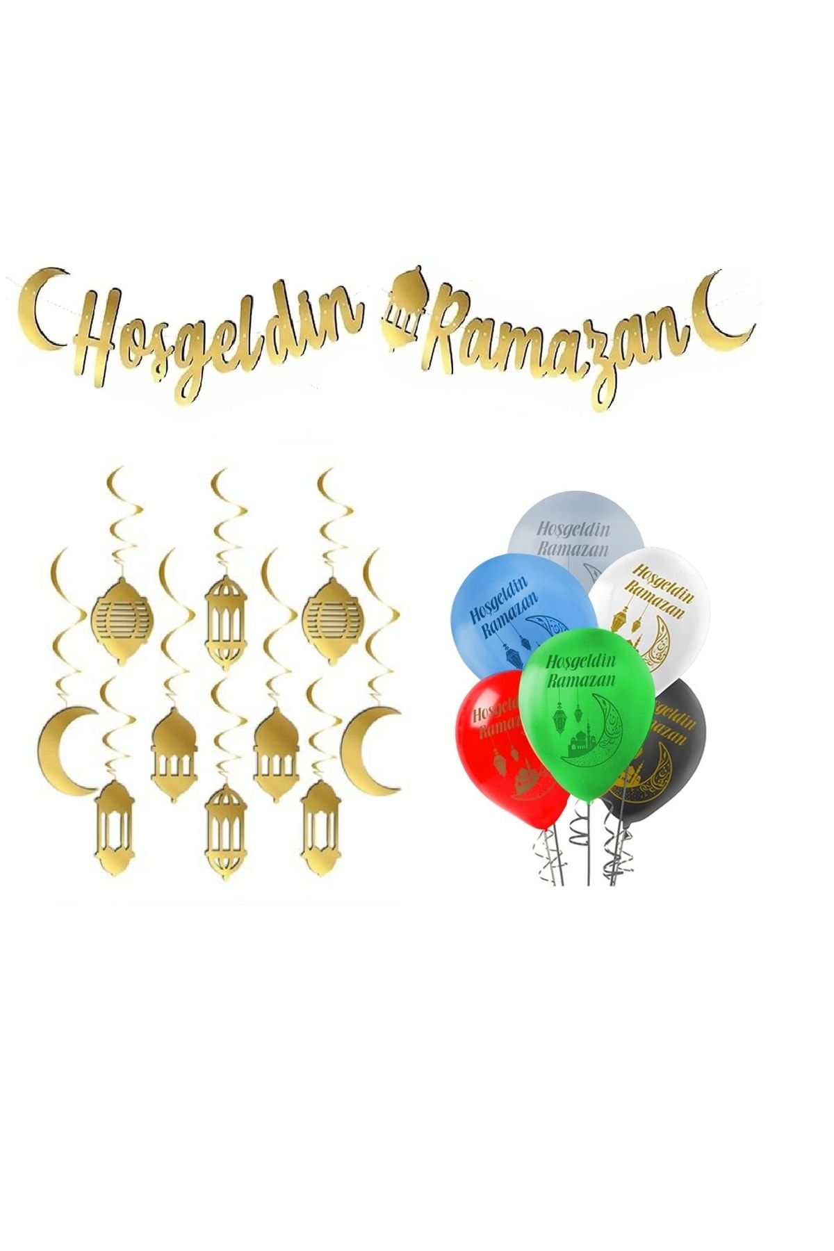 Masalsı Concept 17 Parça Ramazan Süsleri,hoşgeldin Ramazan Banner,6 Ramazan Baskılı Balon,10'lu Gold Tavan Sarkıtı