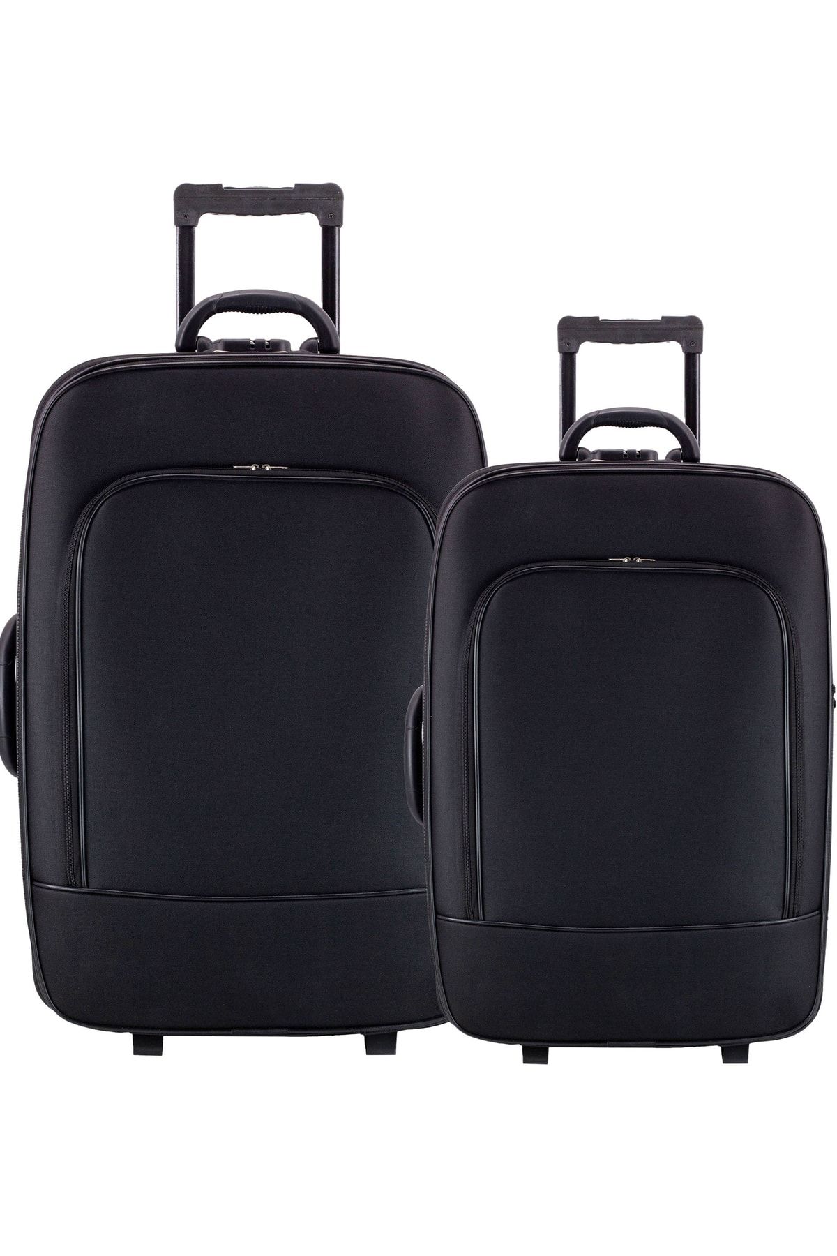 KAFF Ekonomik Unisex Kumaş Siyah Kırılmaz 2 Tekerlekli Önü Cepli 2'lü Valiz&bavul Seti