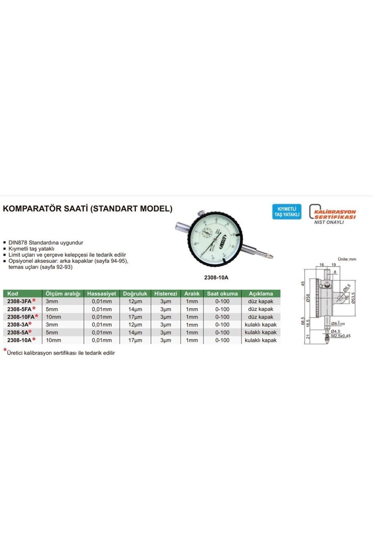 İnsize 2308-10fa Komparatör Saati Düz Kapaklı (standart Model)