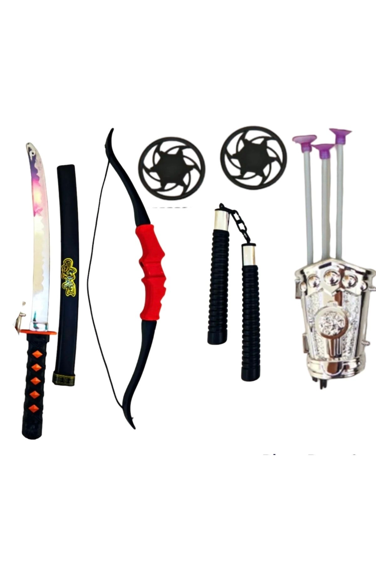 SAZE Ninja Savaş Seti Ok Yay Kılıç Kalkan Mınçıka Ninja Yıldız Fırlatma Bıçağı 10 Parça