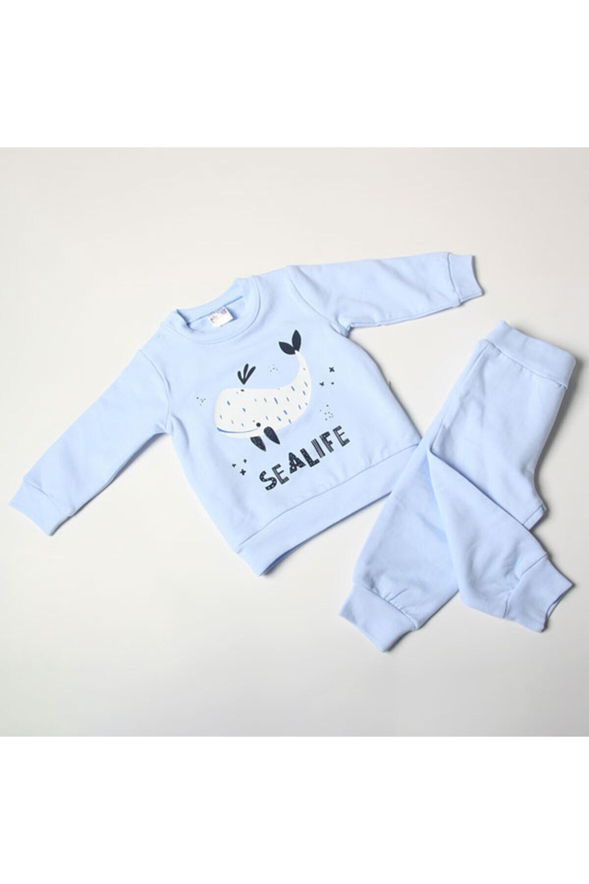 Misket Kız Bebek Mavi Yunus Baskılı Astarlı Kışlık Pijama