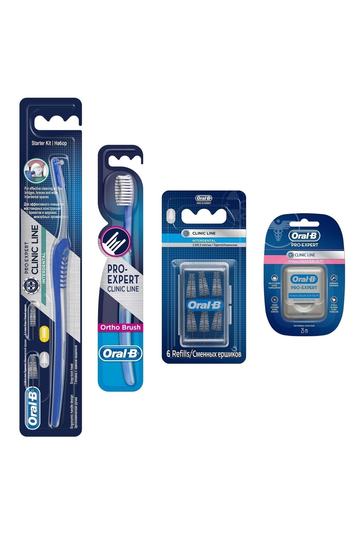 Oral-B Arayüz Diş Fırçası + Orthodontik Diş Fırçası + Arayüz Eğimli Yedek + Pro-expert Clinic Diş Ipi 25m