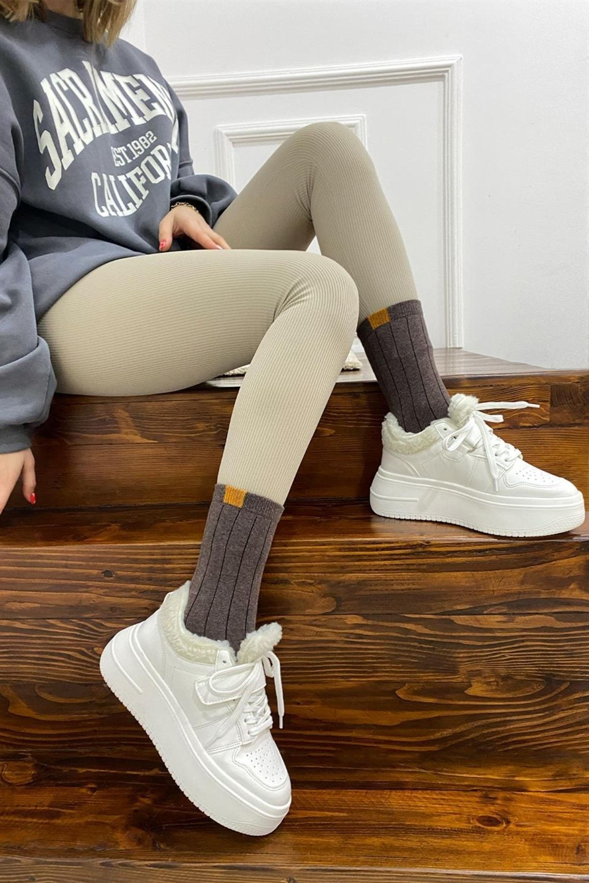 NAVYSIDE Kadın Beyaz Peluş Spor Ayakkabı Yüksek Tabanlı-5 Cm-hafif Yürüyüş Ayakkabısı Sneakers