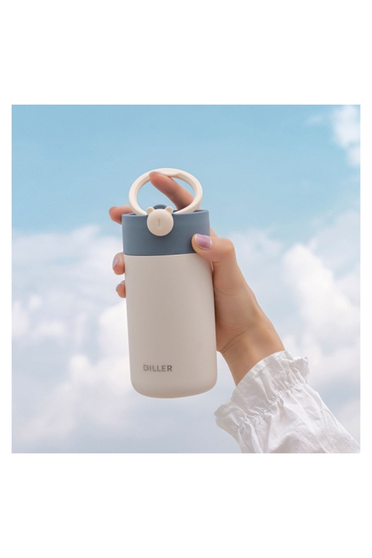DILLER Lovely Bear Thermo Bottle Cream White Silikon Taşıma Askılı Süzgeçli Çelik Matara 420ml Beyaz