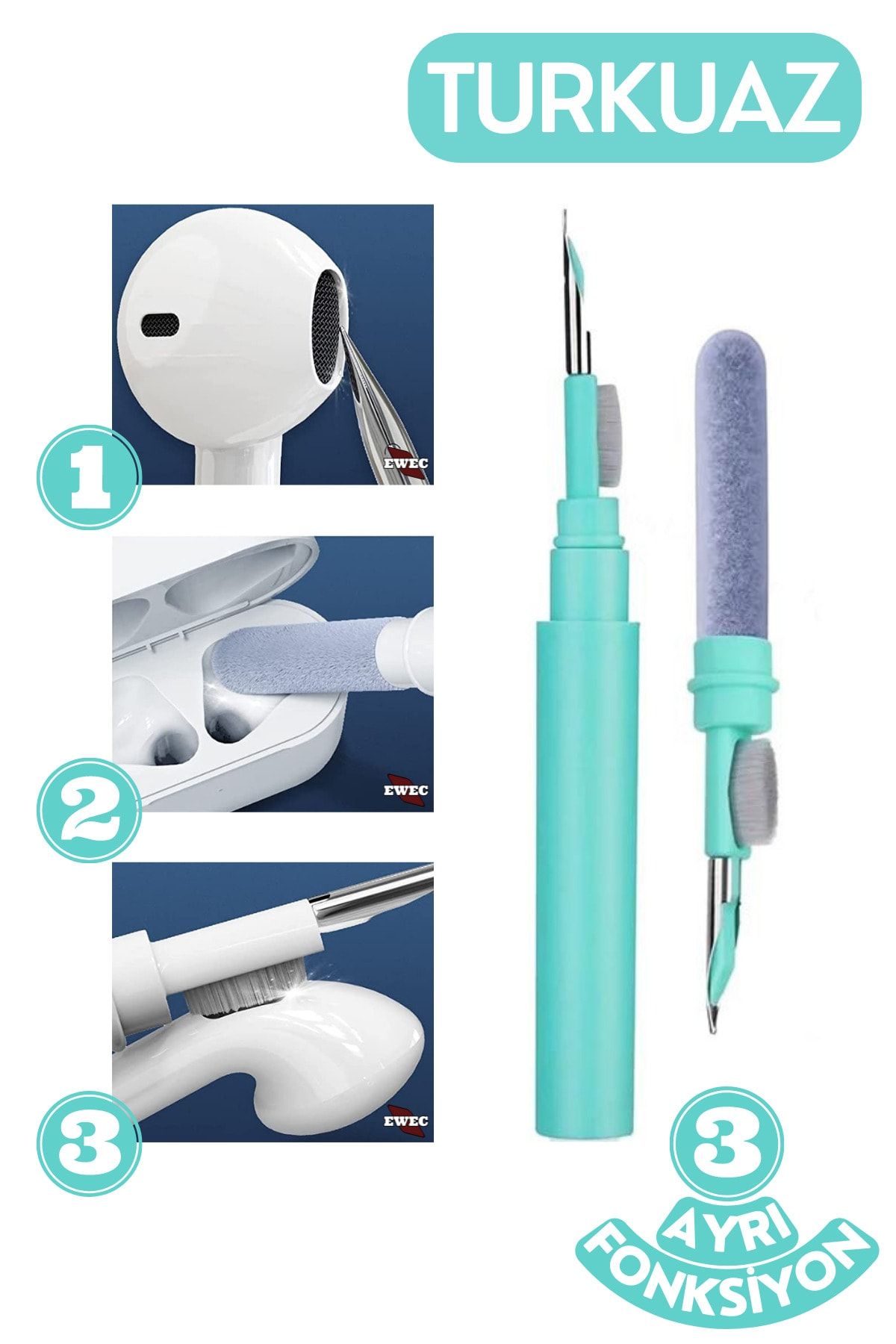 EWEC Bluetooth Ve Kablosuz Kulaklık Temizleme Kalemi Aparatı, 3'ü 1 Arada Airpods Temizleme Kalemi Kiti
