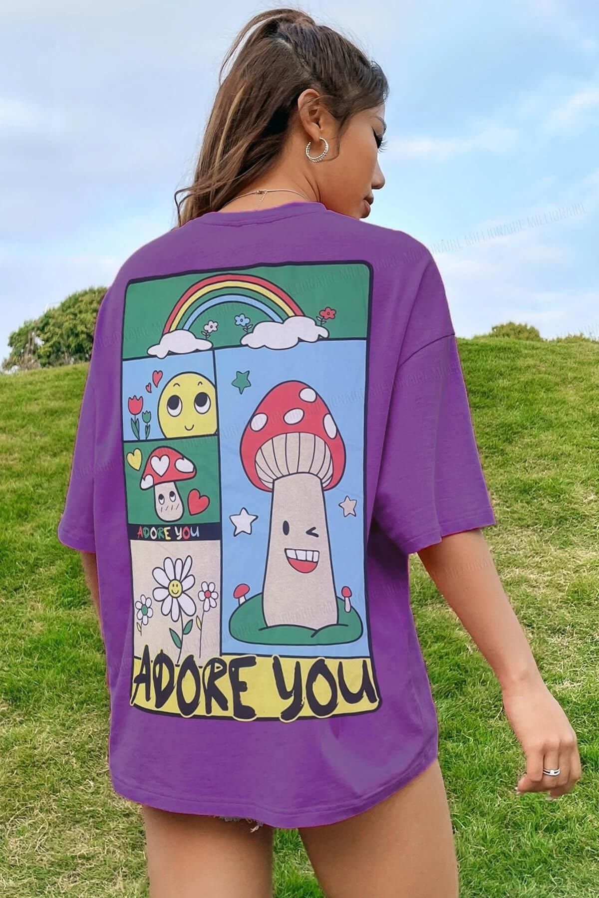 Teenage Millionaire Emoji Mushroom Mor Oversize Salas Boyfriend Kadın T-shirt