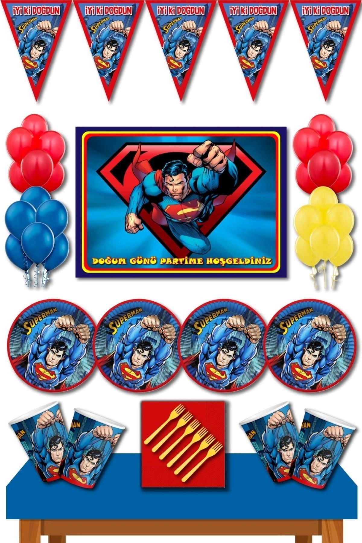 Superman Süpermen Doğum Günü Süsleri 24 Kişilik Büyük Boy Afişli 50x70 Cm Doğum Günü Konsepti