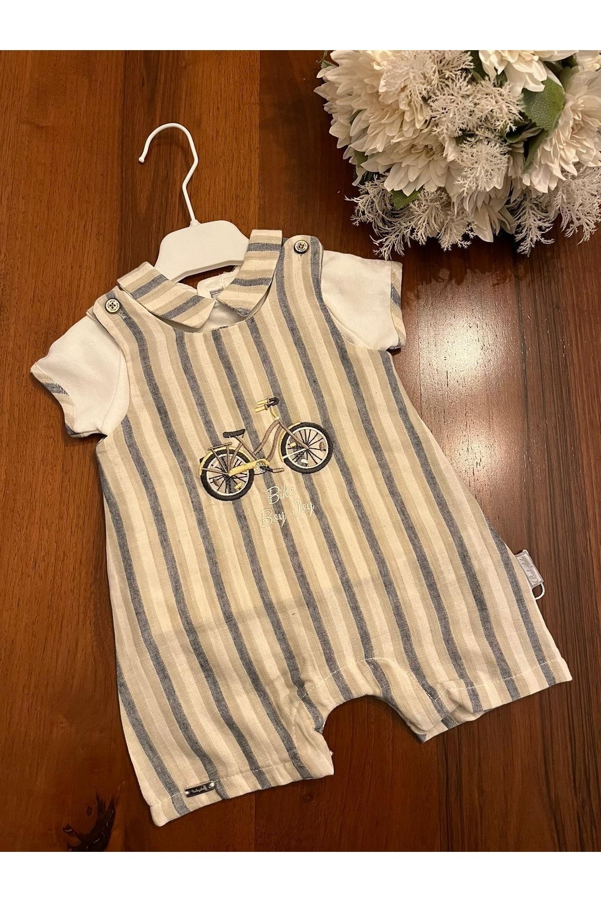 Babydola Erkek Bebek Salopet Takım Çizgili Desenli Polo Yaka Tişört Tulum Takım