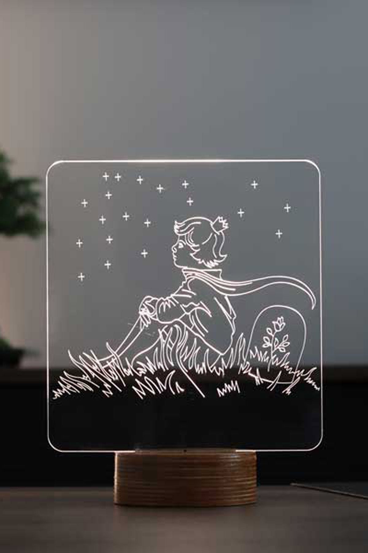 BY-LAMP Küçük Prens Ve Yıldızlar Figürlü Dekoratif Hediye Led Masa Lambası | 7 Işık Rengi | Ahşap Taban