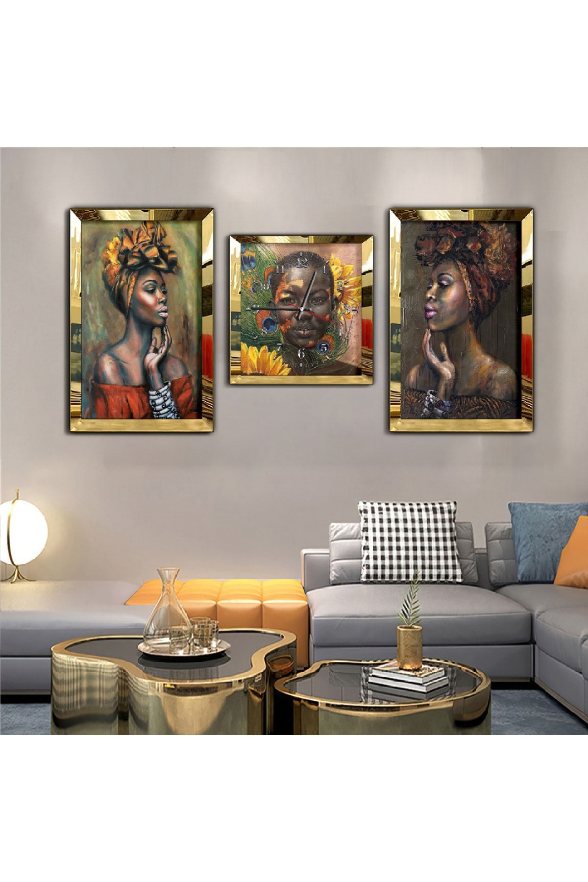 Zevahir Mobilya Dekorasyon Afrikalı Genç Kadın Aynalı Gold Pleksi Çerçeveli Mdf Tablo Ve Saat Seti