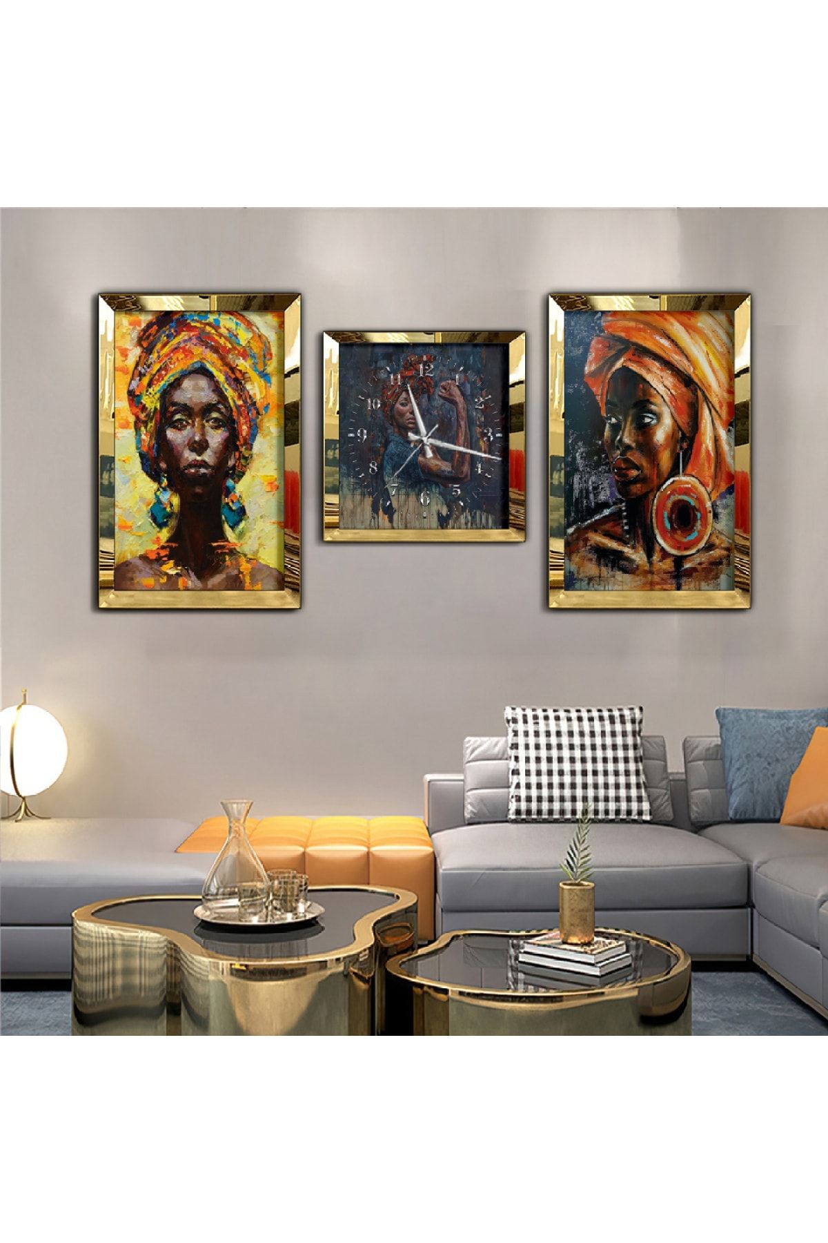Zevahir Mobilya Dekorasyon Afrikalı Kadın Aynalı Gold Pleksi Çerçeveli Mdf Tablo Ve Saat Seti