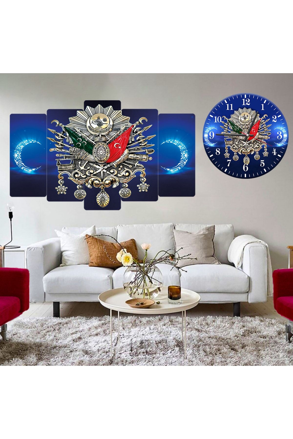 Zevahir Mobilya Dekorasyon Mavi Saat Osmanlı Tuğra Mavi Ay Yıldız Kombin Tablo