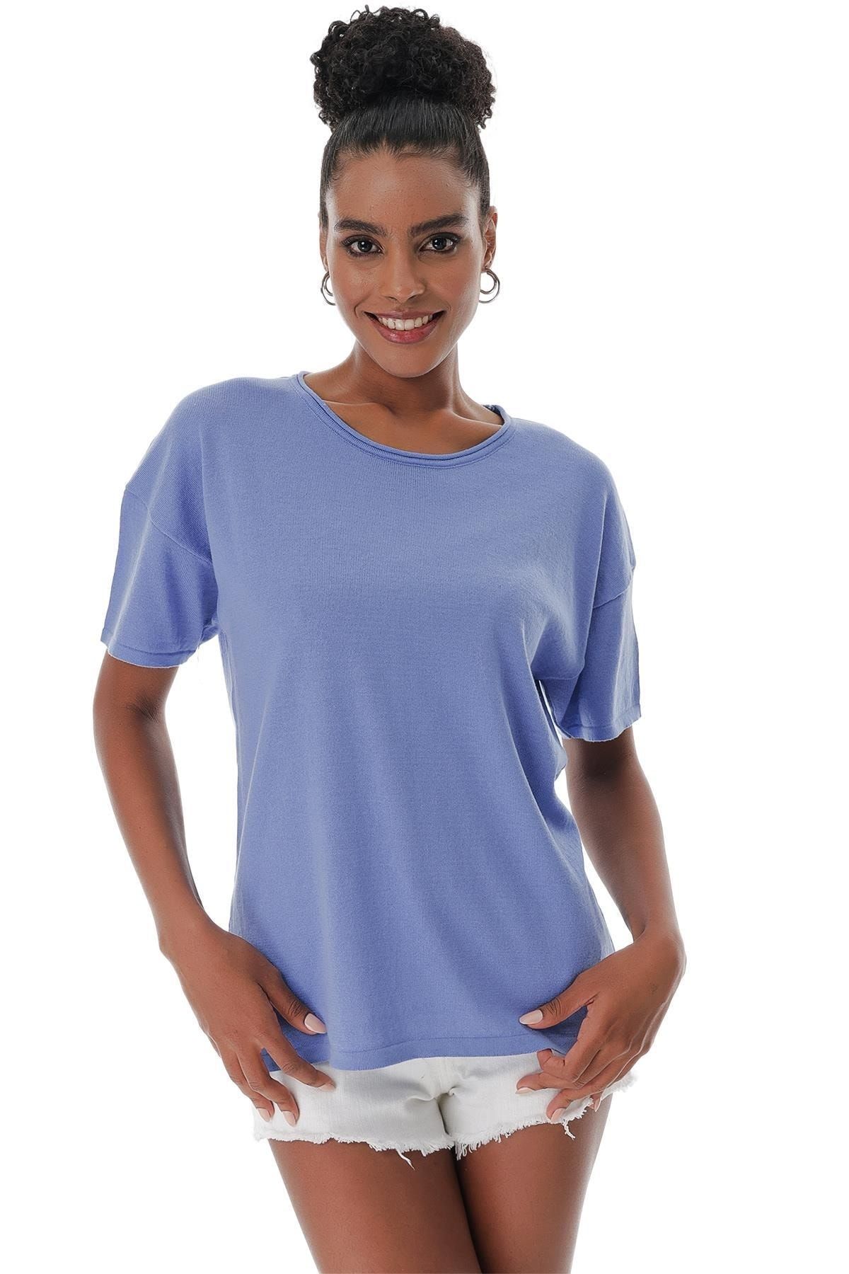 CHUBA Kadın Bisiklet Yaka Düşük Kollu Yırtmaçlı Loose Fit Rahat Kalıp Triko T-shirt Mavi 23s1002