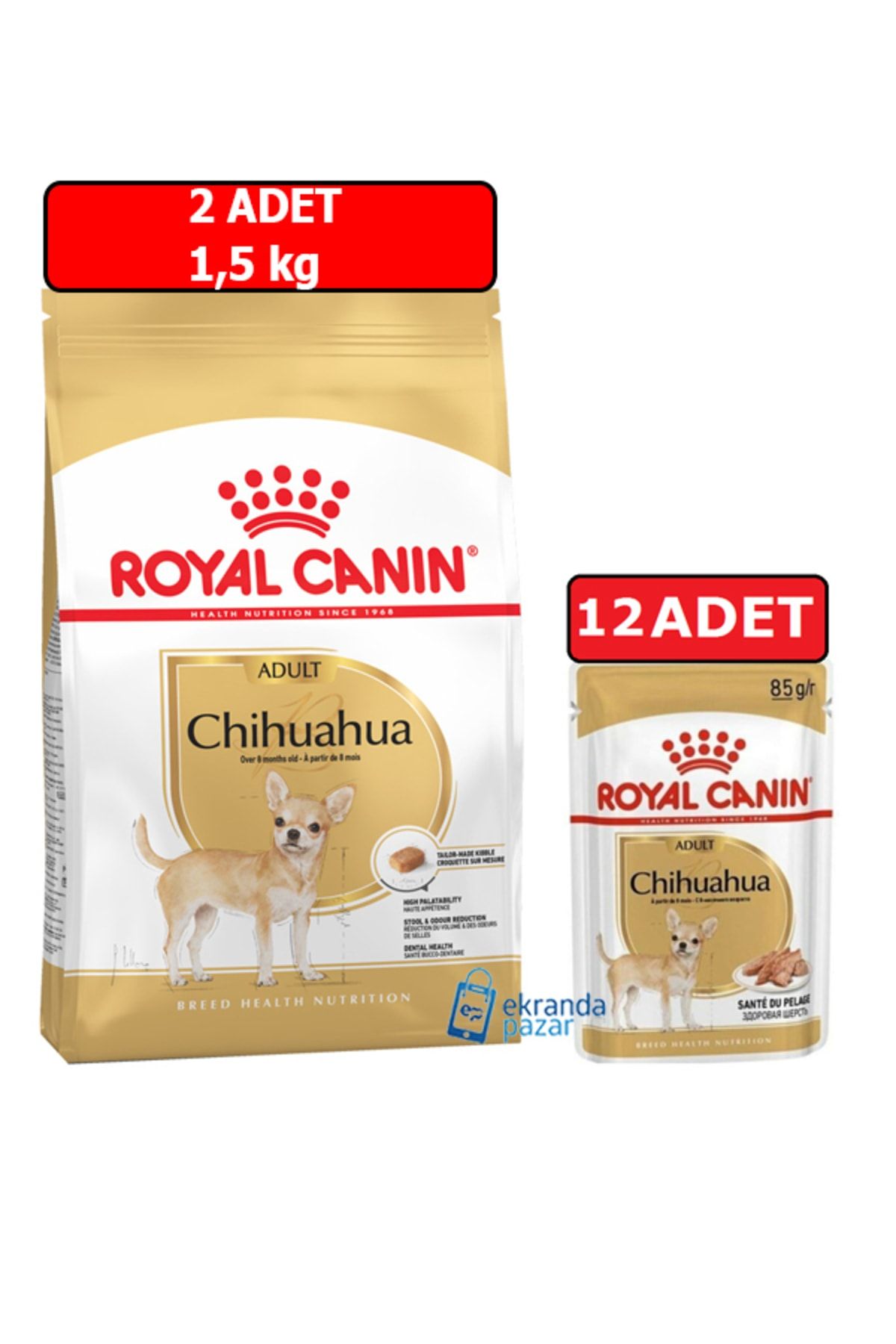 Royal Canin Chihuahua Üçlü Paket 2 Adet 1,5kg Kuru Mama-12 Adet 85gr Chihuahua Yaş Mama