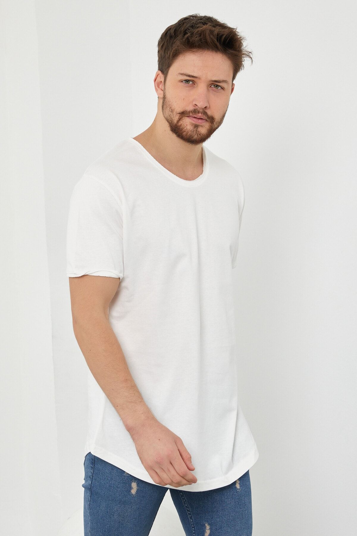 Tarz Cool Erkek Kırık Beyaz Pis Yaka Salaş T-shirt-tcps001r56s