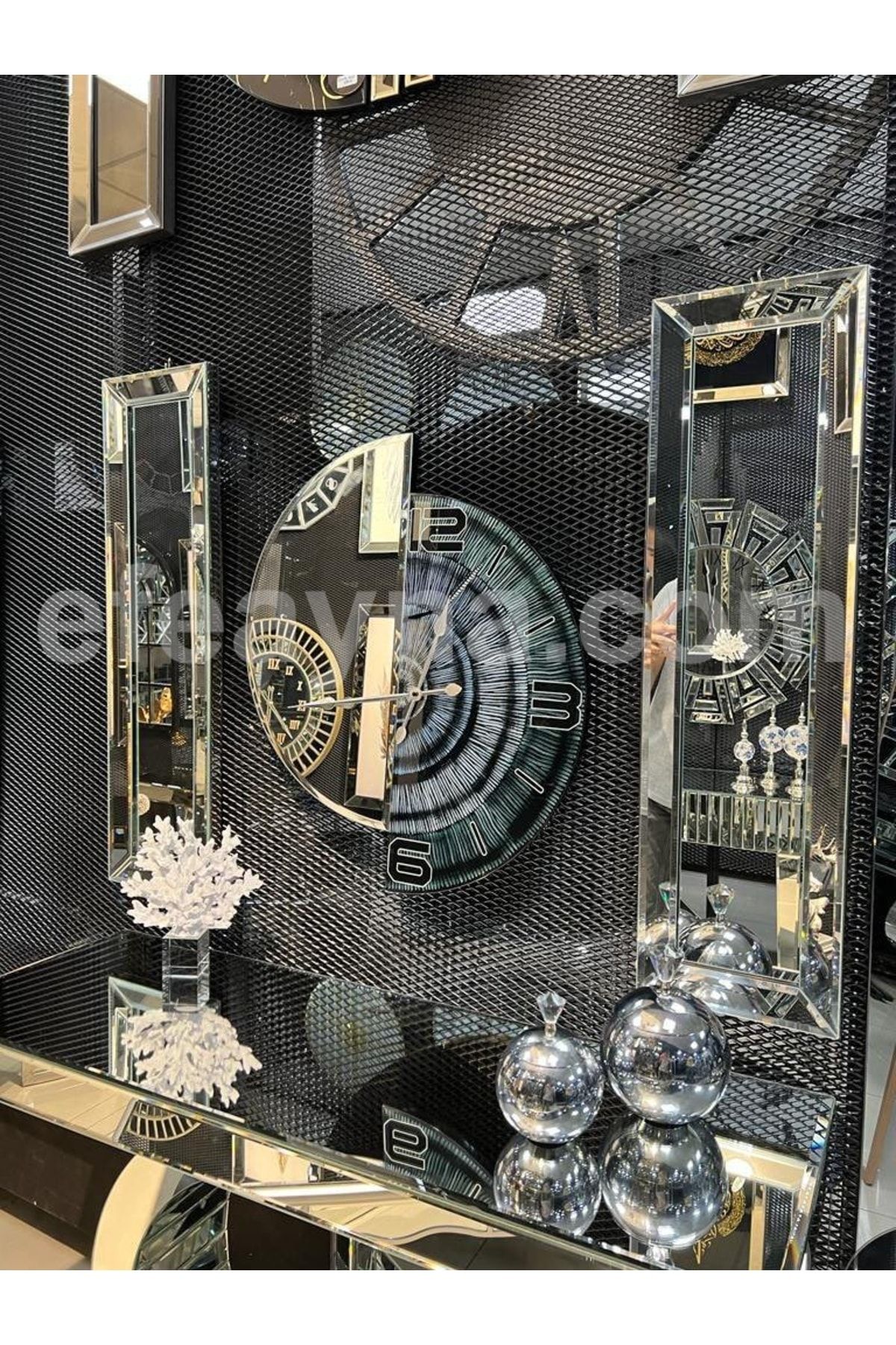Efe Ayna Dolunay 2- Üçlü Gümüş Ayna Duvar Saati & Yan Ayna Seti