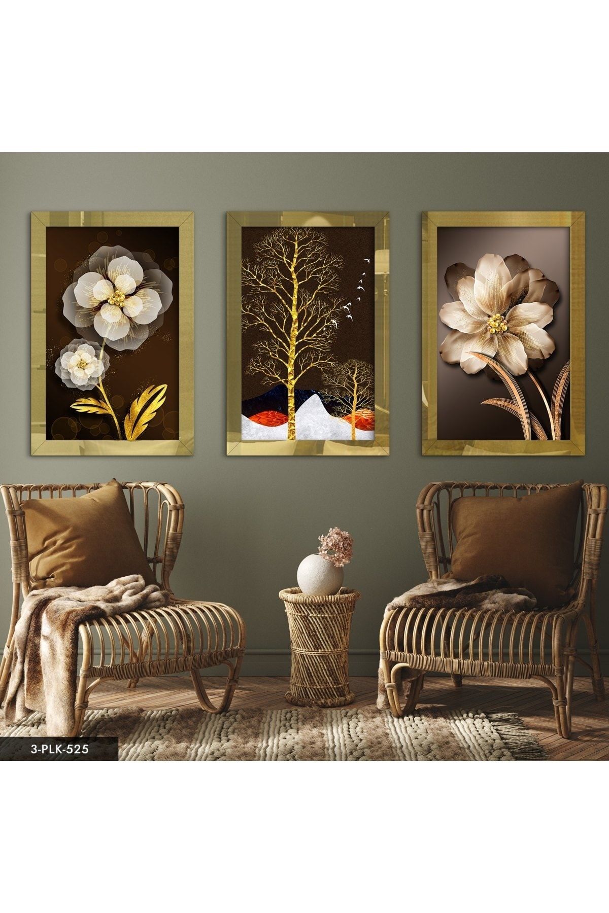 Evinemoda Çiçek Ağaç Gold 3 Parça Pleksi Aynalı Tablo
