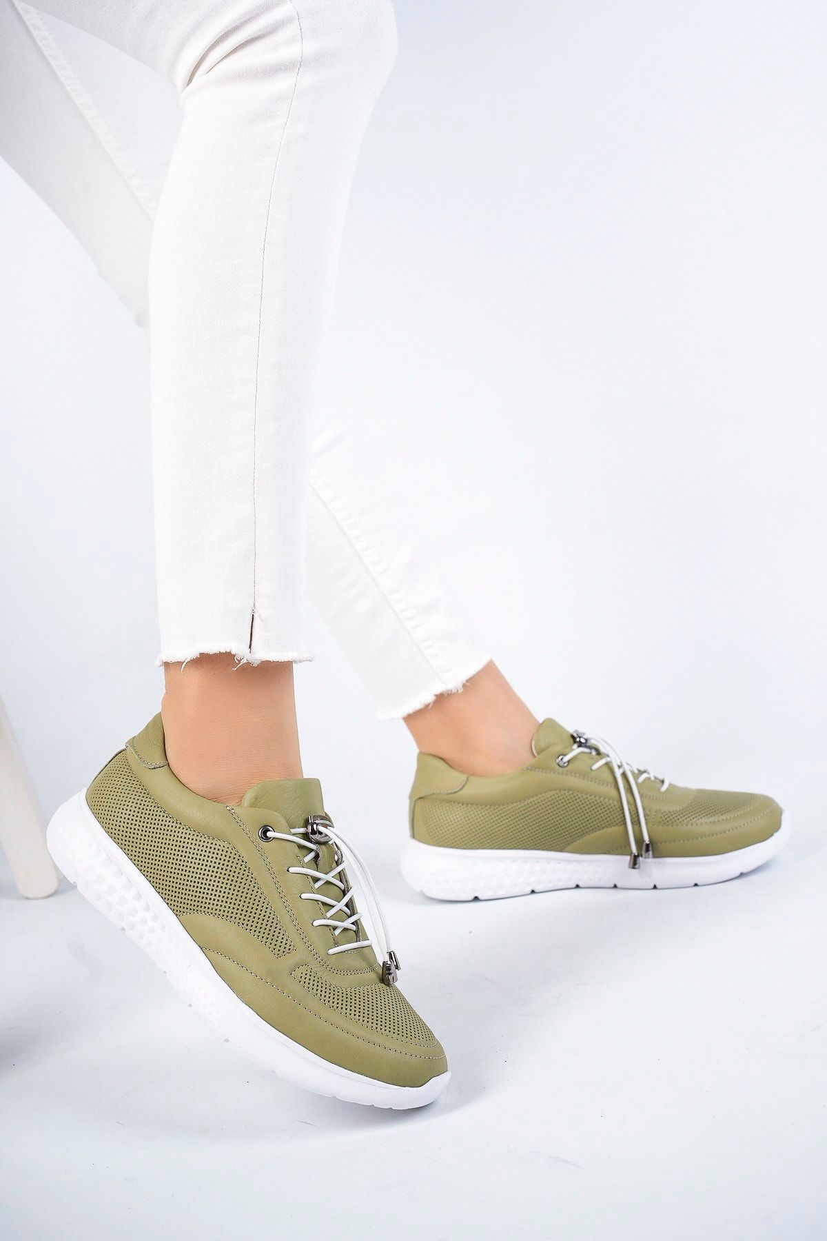Deripabuc Hakiki Deri Yeşil Kadın Deri Sneaker Spor Ayakkabı Dp71-0111
