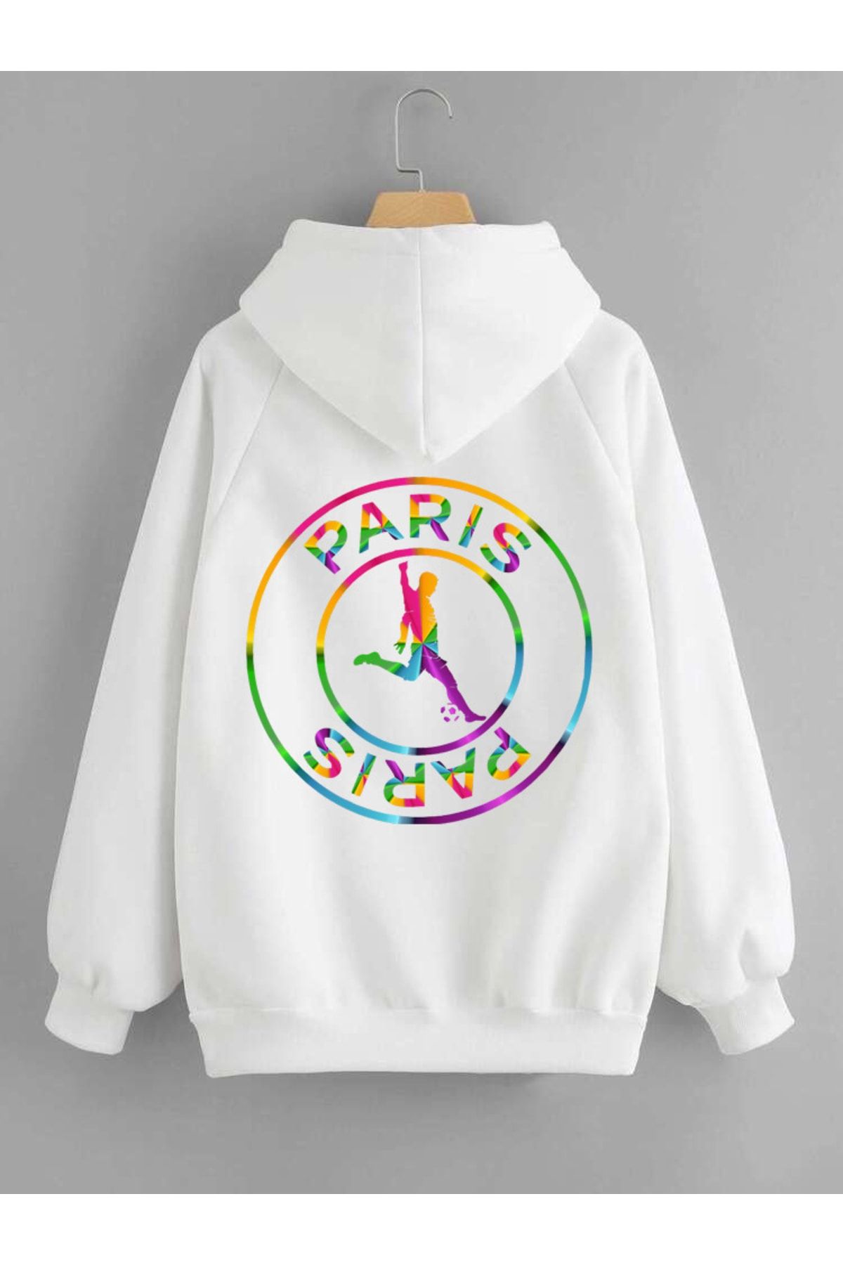 Relax family xf Erkek Kapüşonlu Sweatshirt Renkli Paris Baskı Beyaz