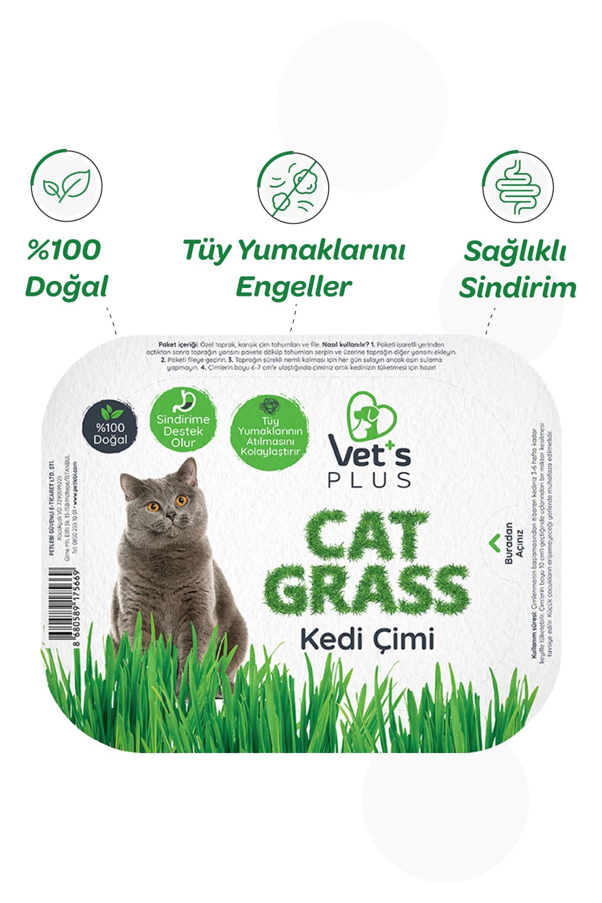 Vet's Plus %100 Doğal Fileli Kedi Çimi (Tüy Yumağı Önleyici)