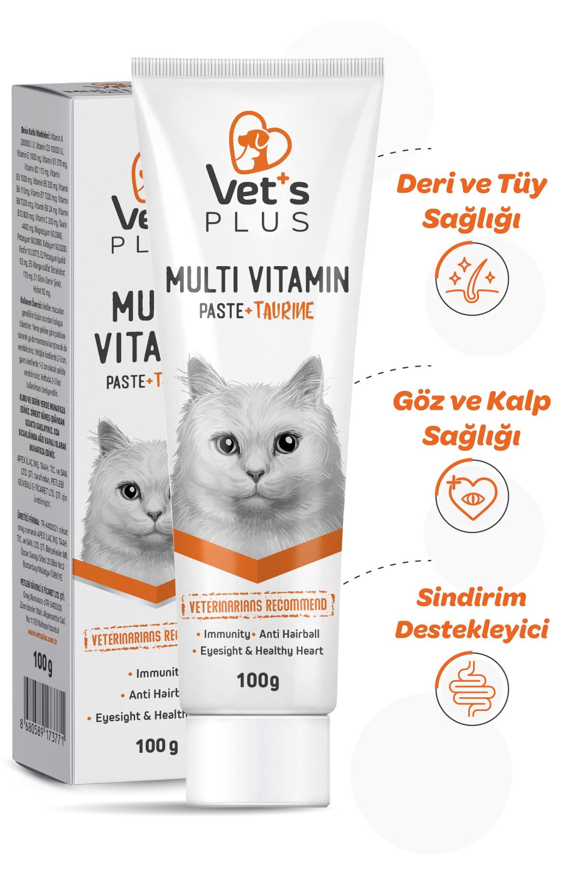 Vet's Plus Taurinli Multivitamin Kedi Macunu 100gr Yetişkin Kediler Için Multivitamin Desteği