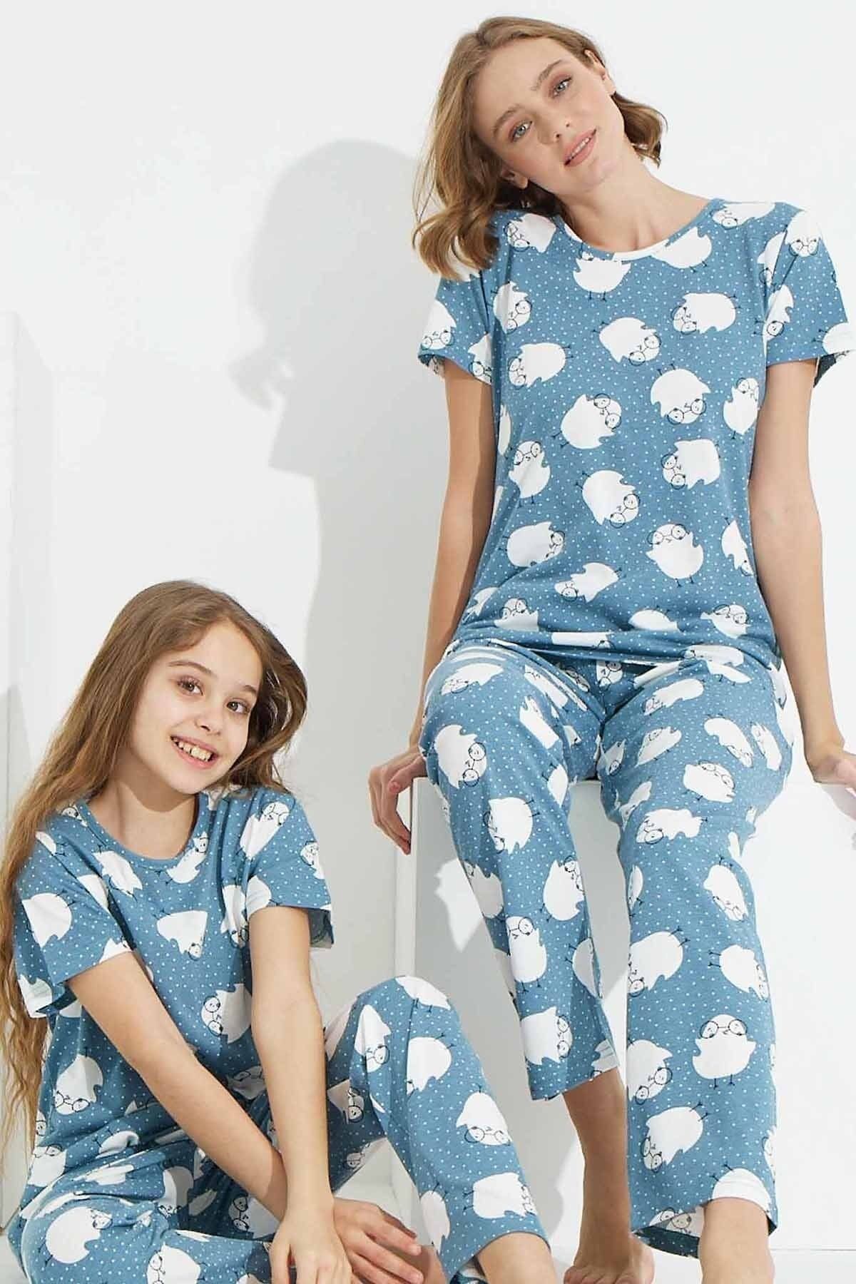 Siyah İnci Mavi Civciv Desenli Örme Pijama Takım