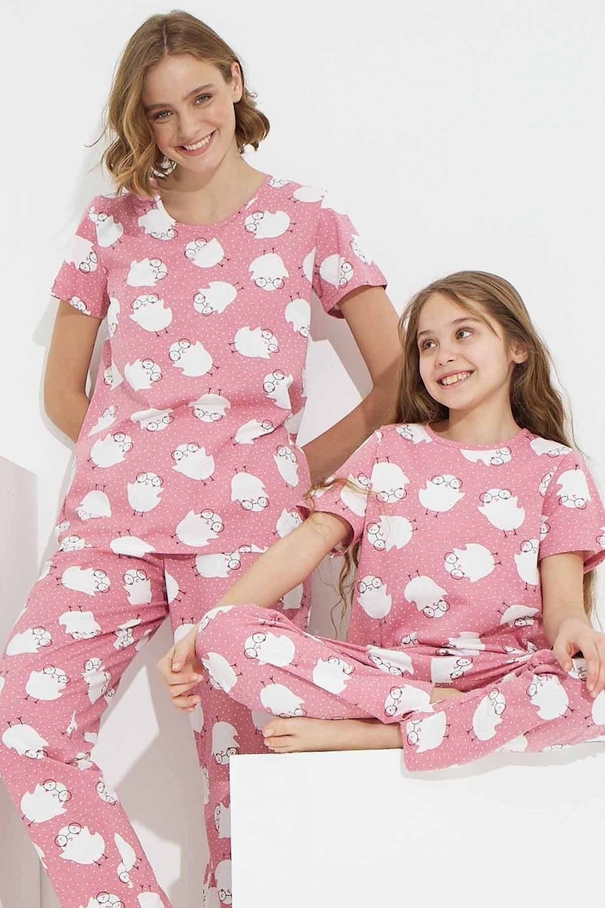 Siyah İnci Pembe Civciv Desenli Örme Pijama Takım
